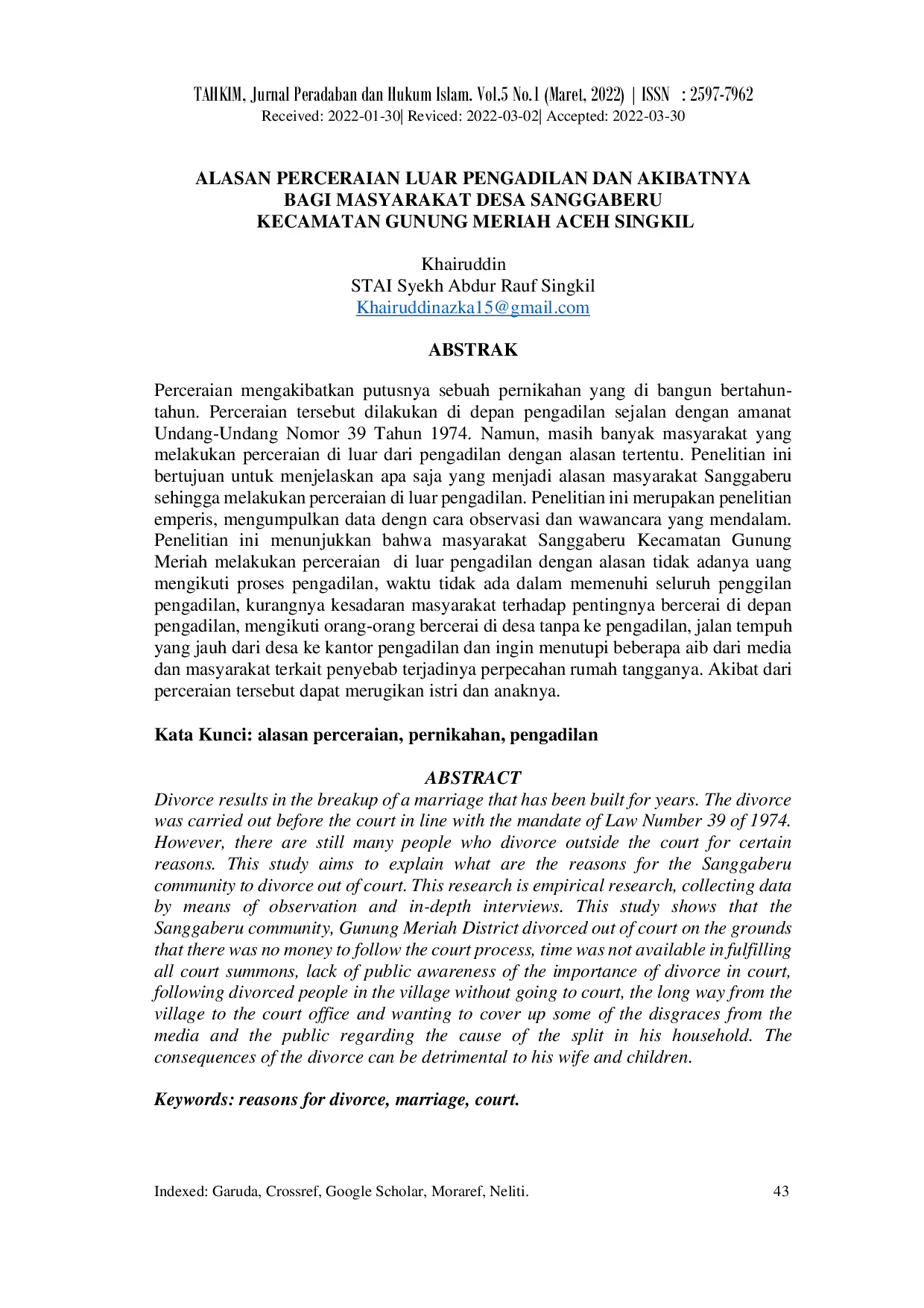 JURIS Alasan Perceraian Luar Pengadilan Dan Akibatnya Bagi Masyarakat Desa Sanggaberu Kecamatan Gunung Meriah Aceh Singkil