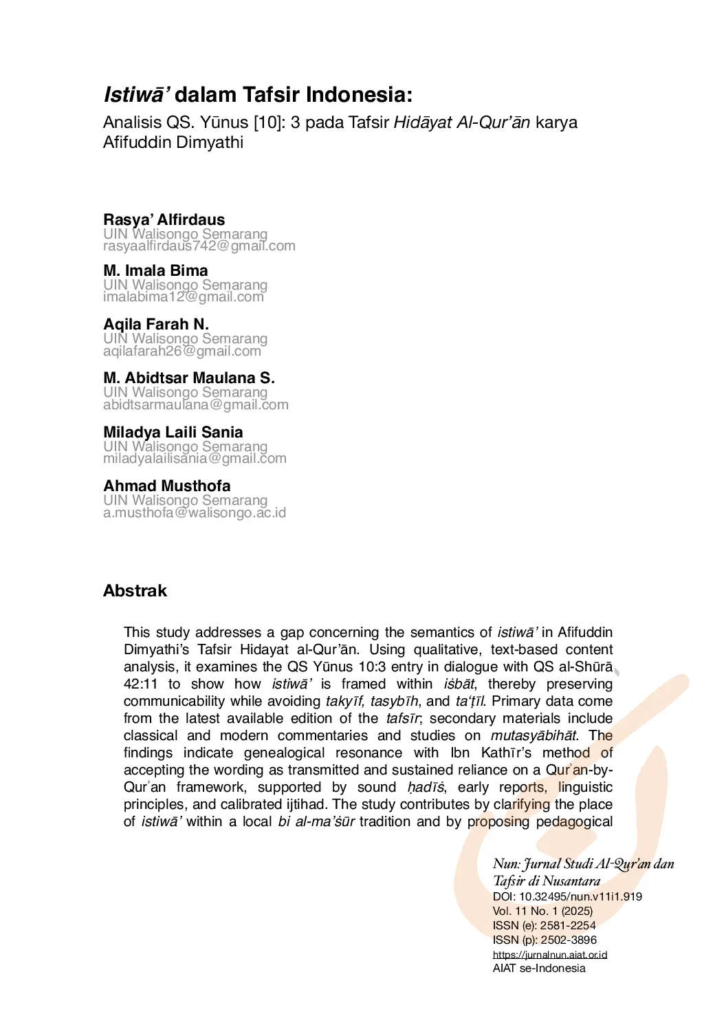 JURIS IstiwA dalam Tafsir Indonesia Analisis QS Ynus 10 3 Pada Tafsir HidAyat Al Qur An Karya AAfuddin Dimyathi