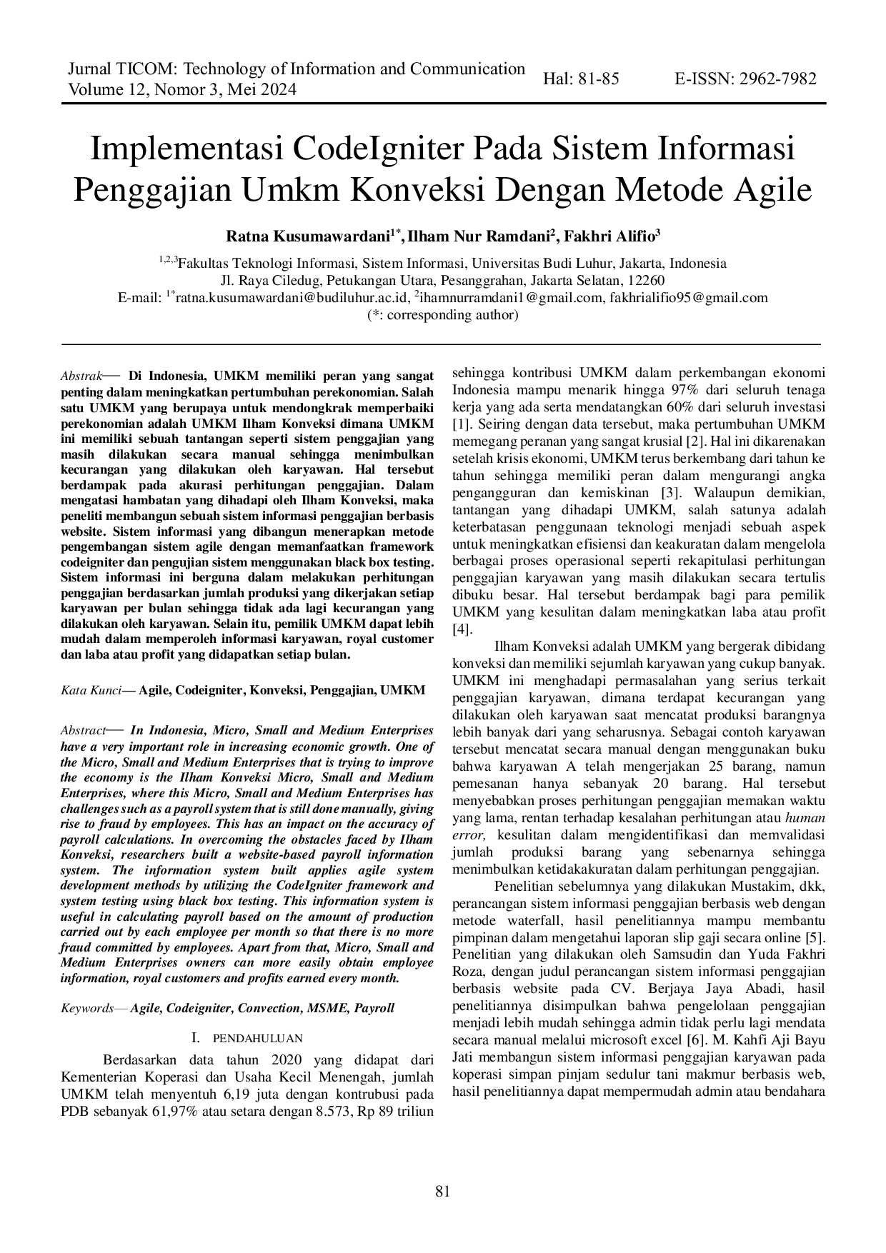 JURIS Implementasi CodeIgniter Pada Sistem Informasi Penggajian UMKM Konveksi Dengan Metode Agile