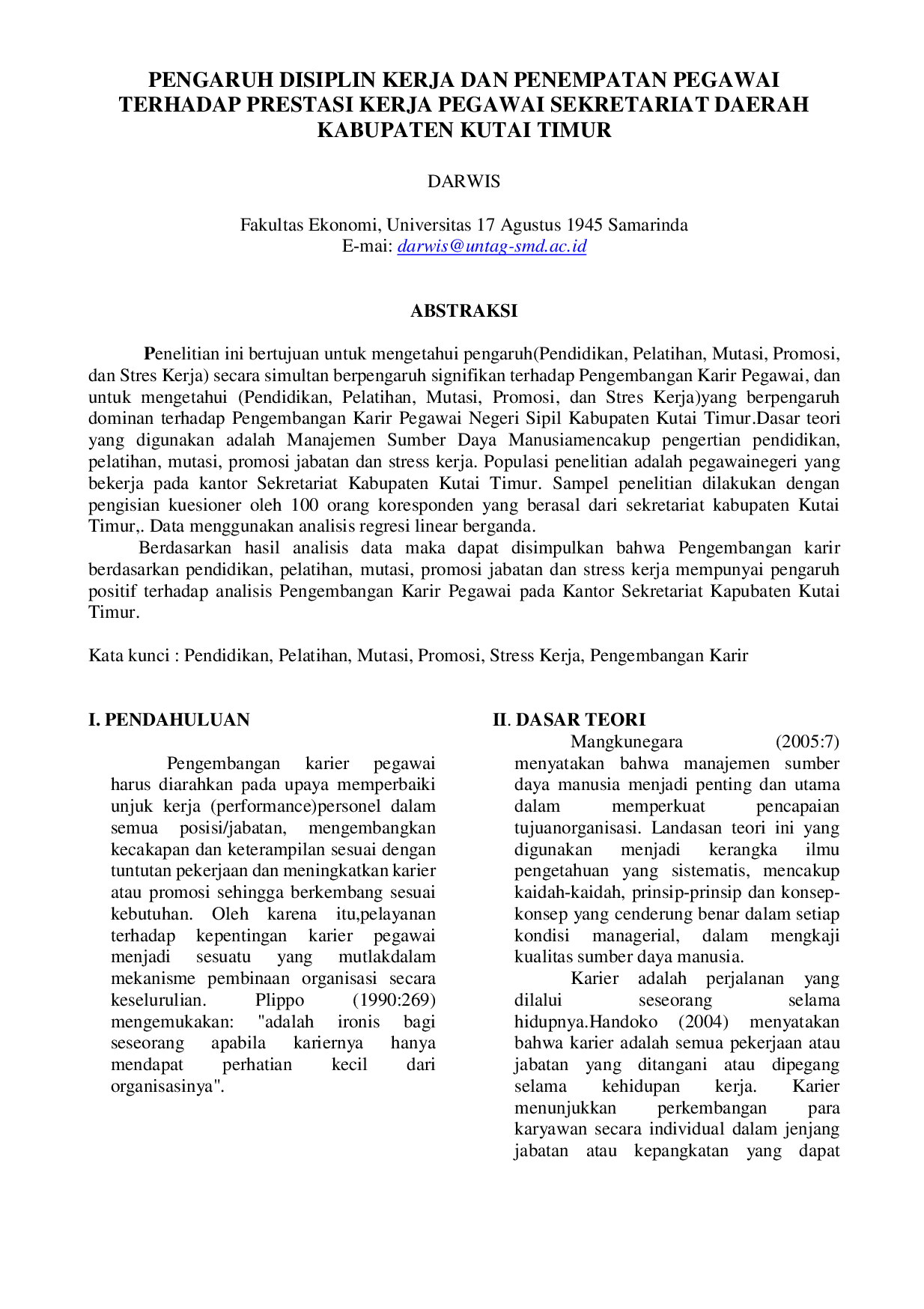 JURIS Pengaruh Disiplin Kerja Dan Penempatan Pegawai Terhadap Prestasi Kerja Pegawai Sekretariat Daerah Kabupaten Kutai Timur