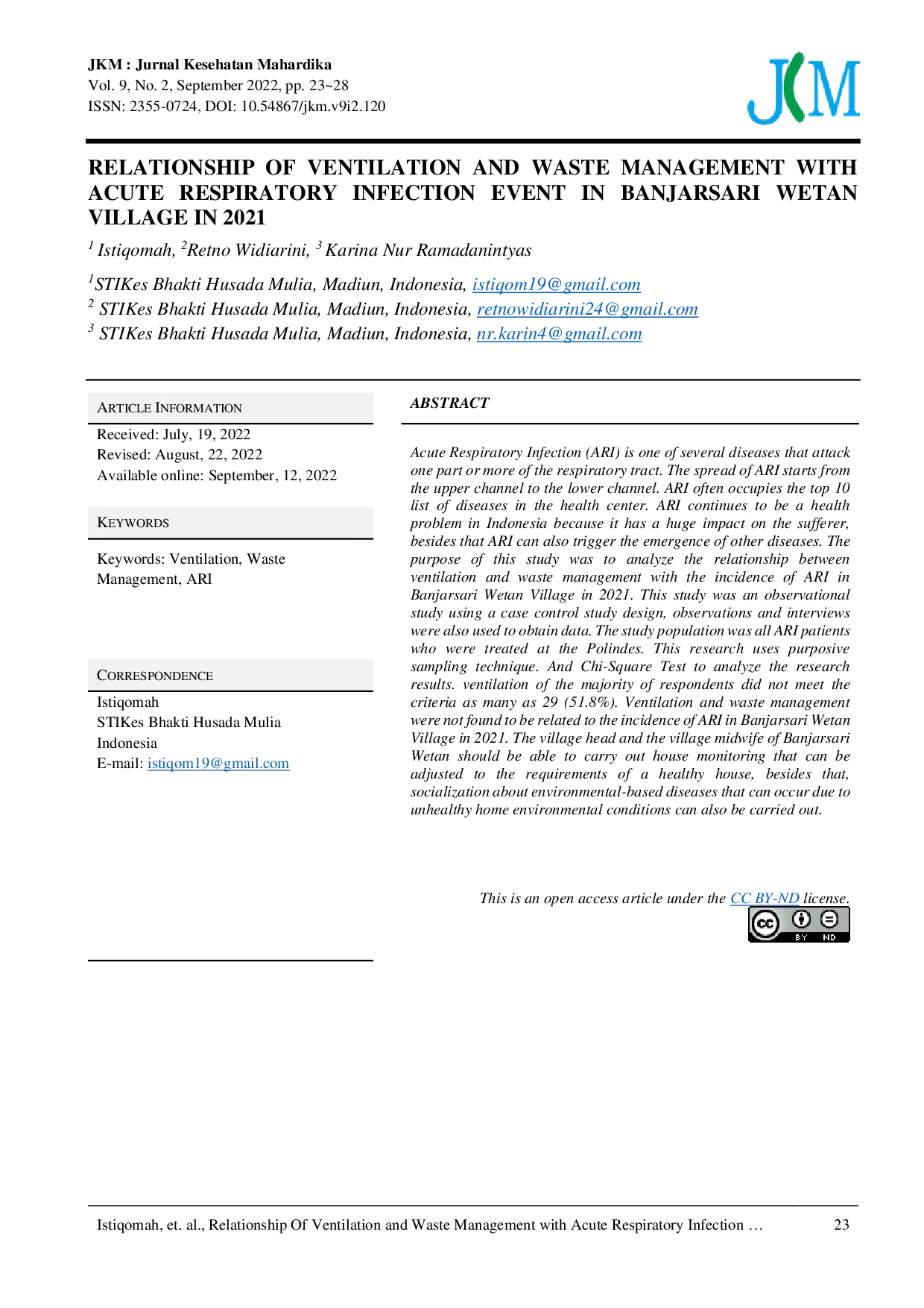 JURIS Relationship Of Ventilation And Waste Management With Acute Respiratory Infection Event In Banjarsari Wetan Village In 2021