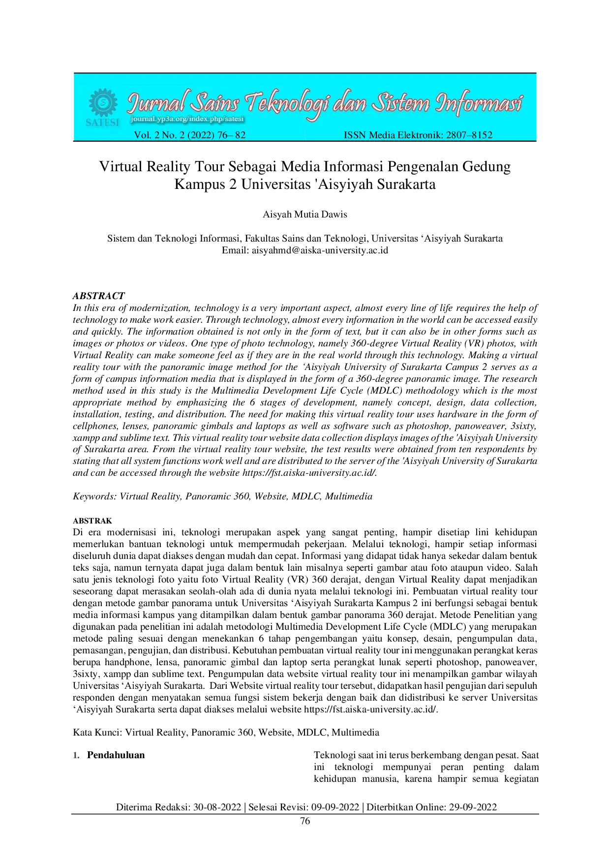 JURIS Virtual Reality Tour Sebagai Media Informasi Pengenalan Gedung Kampus 2 Universitas Aisyiyah Surakarta