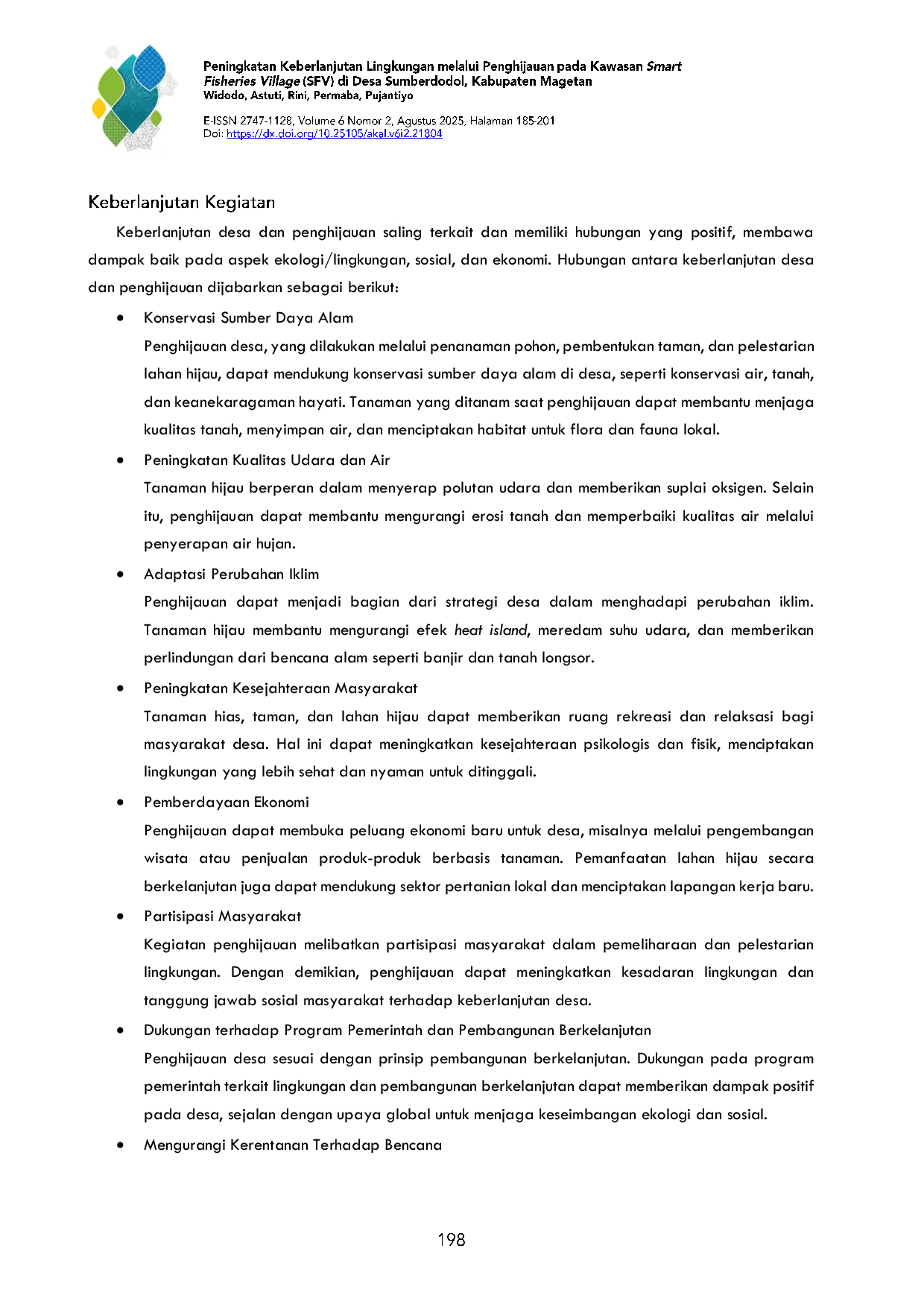 JURIS Peningkatan Keberlanjutan Lingkungan Melalui Penghijauan Pada Kawasan Smart Fisheries Village SFV Di Desa Sumberdodol Kabupaten Magetan