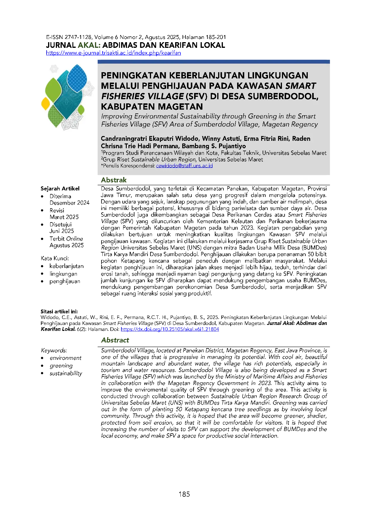 JURIS Peningkatan Keberlanjutan Lingkungan Melalui Penghijauan Pada Kawasan Smart Fisheries Village SFV Di Desa Sumberdodol Kabupaten Magetan