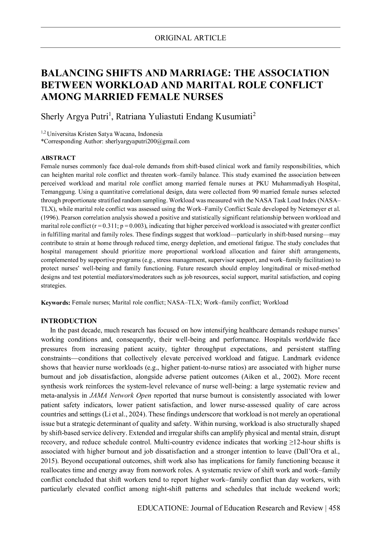 JURIS Balancing Shifts and Marriage The Association Between Workload and Marital Role Conflict Among Married Female Nurses