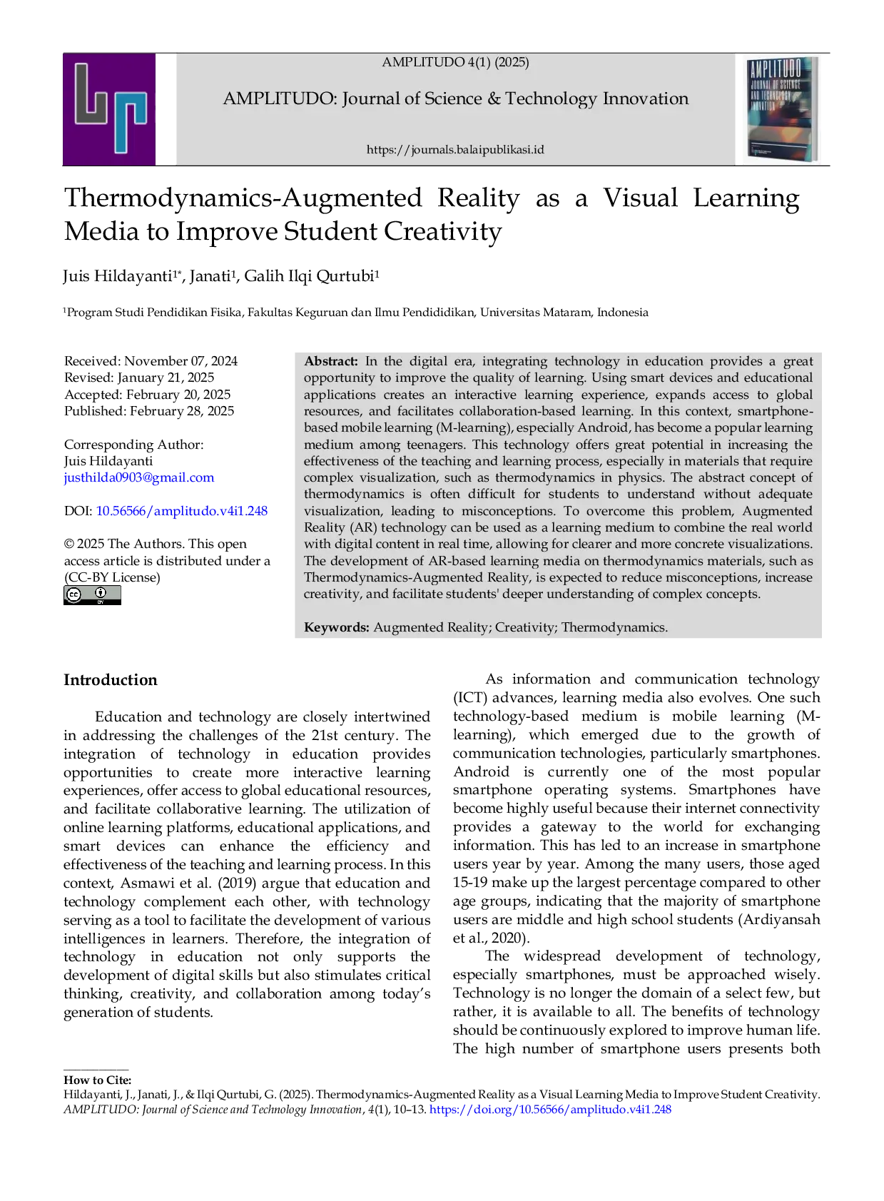 JURIS Thermodynamics Augmented Reality as a Visual Learning Media to Improve Student Creativity