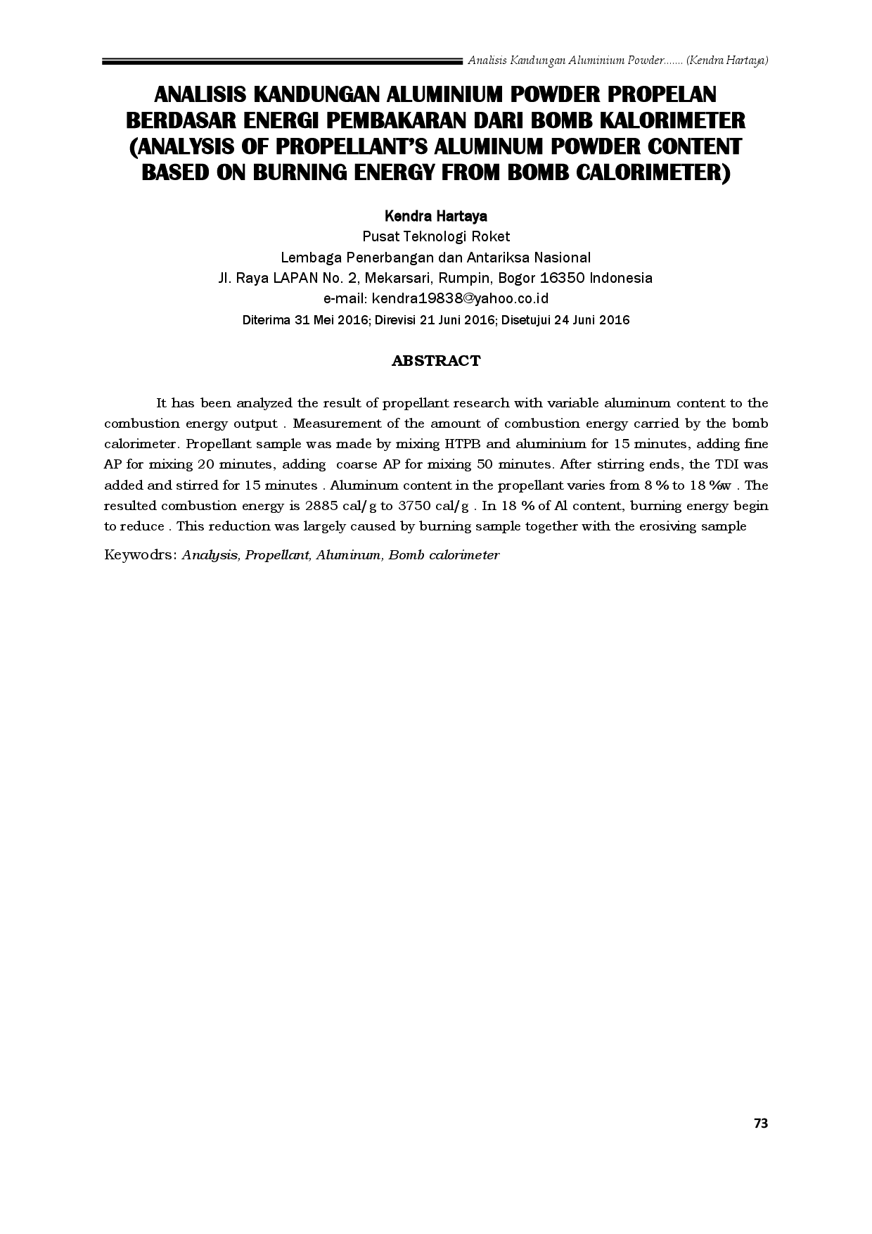 juris Analisis Kandungan Aluminium Powder Propelan Berdasar Energi Pembakaran dari Bomb Calorimeter