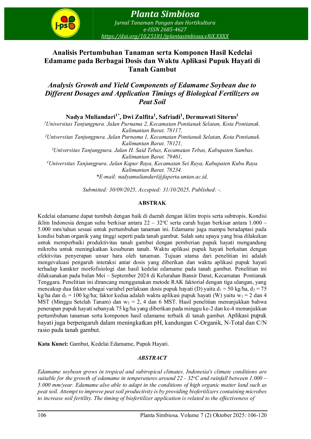 JURIS Analisis Pertumbuhan Tanaman serta Komponen Hasil Kedelai Edamame pada Berbagai Dosis dan Waktu Aplikasi Pupuk Hayati di Tanah Gambut