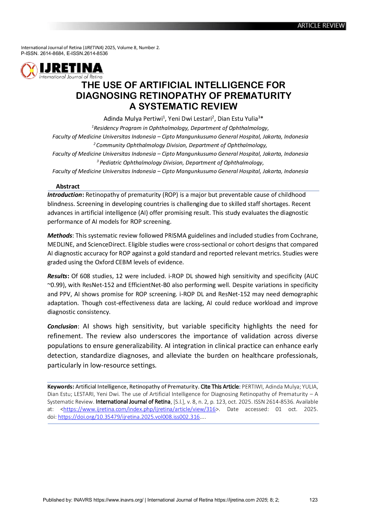 JURIS The use of Artificial Intelligence for Diagnosing Retinopathy of Prematurity A Systematic Review