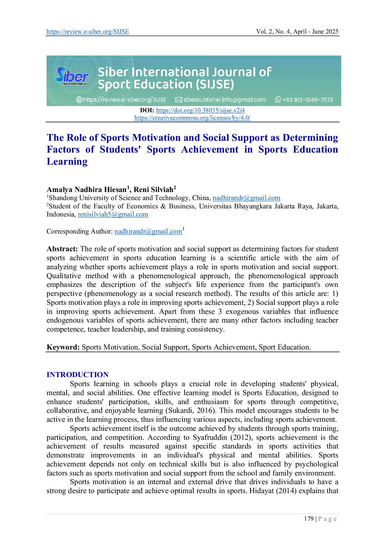 JURIS The Role of Sports Motivation and Social Support as Determining Factors of Students Sports Achievement in Sports Education Learning