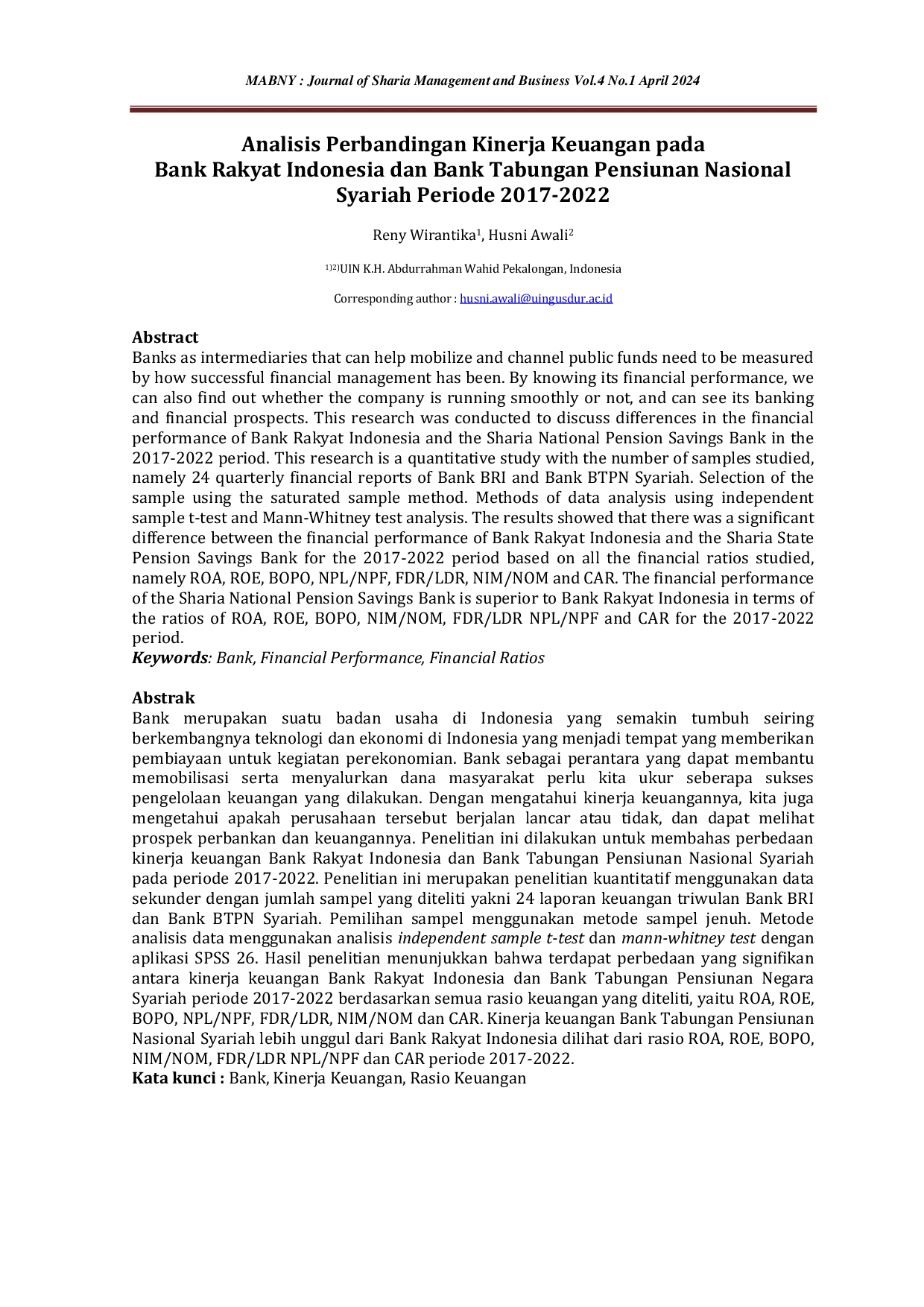 JURIS Analisis Perbandingan Kinerja Keuangan pada Bank Rakyat Indonesia dan Bank Tabungan Pensiunan Nasional Syariah Periode 2017 2022