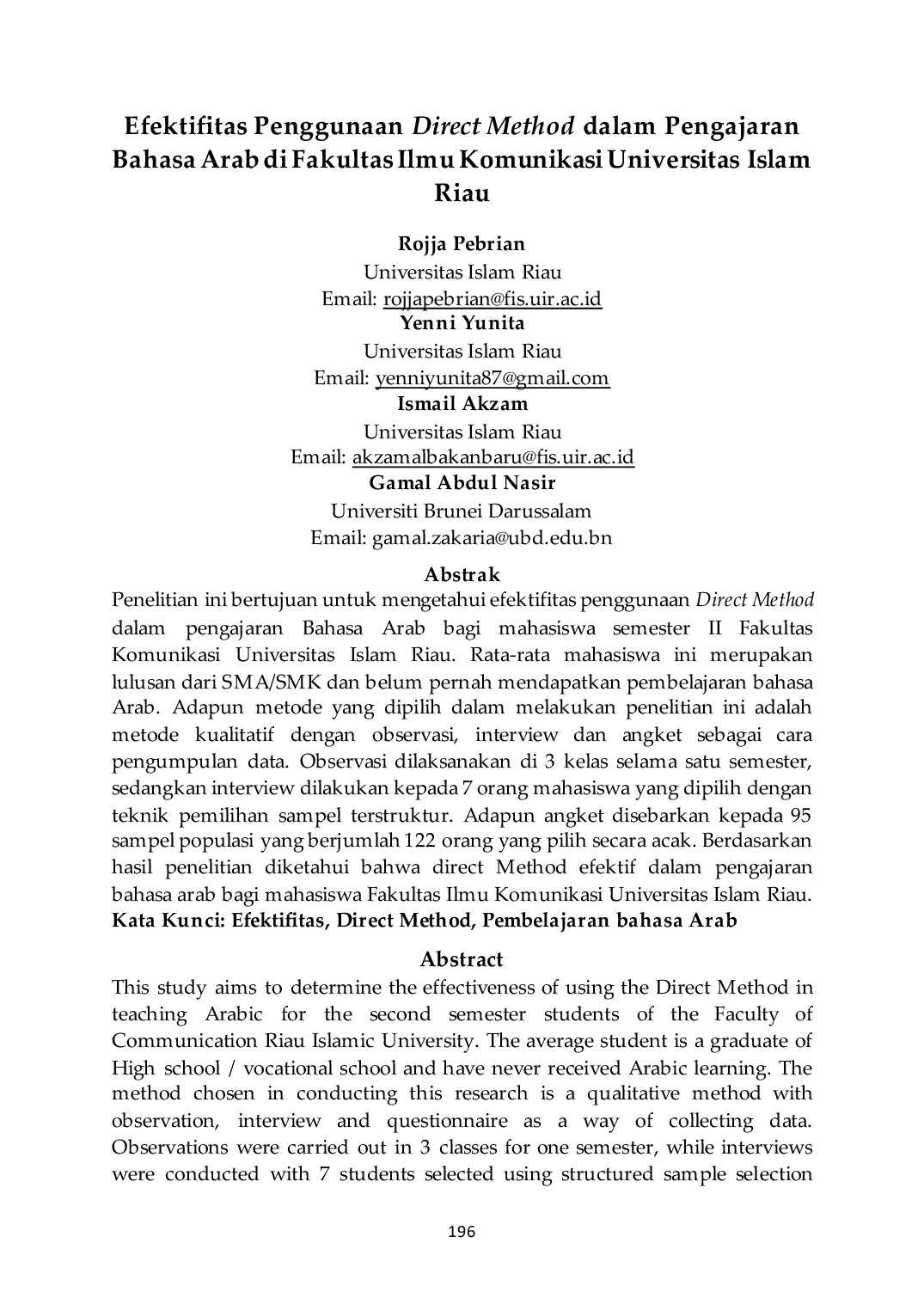 JURIS Efektifitas Penggunaan Direct Method dalam Pengajaran Bahasa Arab di Fakultas Ilmu Komunikasi Universitas Islam Riau