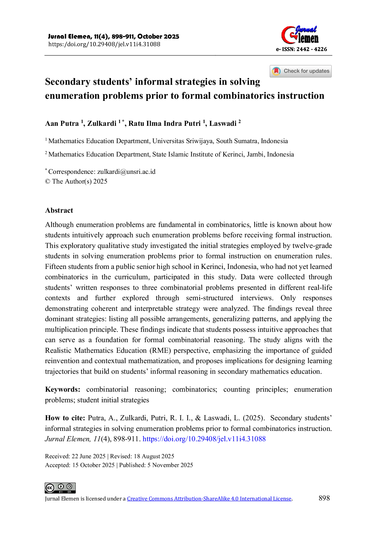 JURIS Secondary students informal strategies in solving enumeration problems prior to formal combinatorics instruction