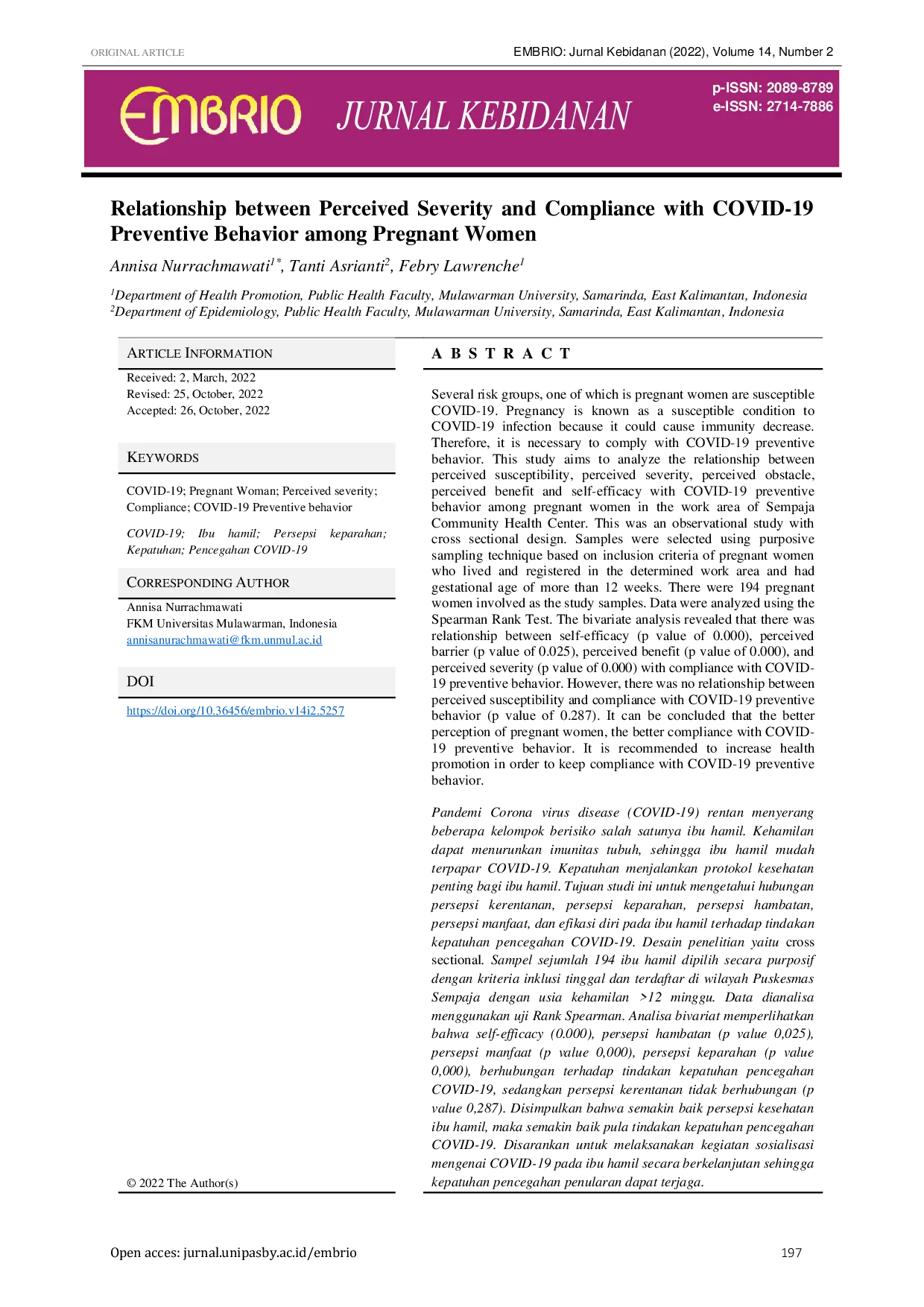 JURIS Relationship between Perceived Severity and Compliance with COVID 19 Preventive Behavior among Pregnant Women
