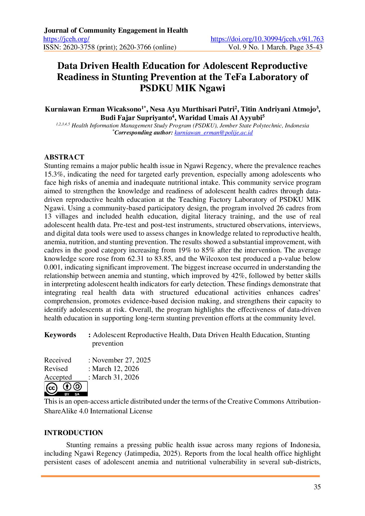 JURIS Data Driven Health Education for Adolescent Reproductive Readiness in Stunting Prevention at the TeFa Laboratory of PSDKU MIK Ngawi