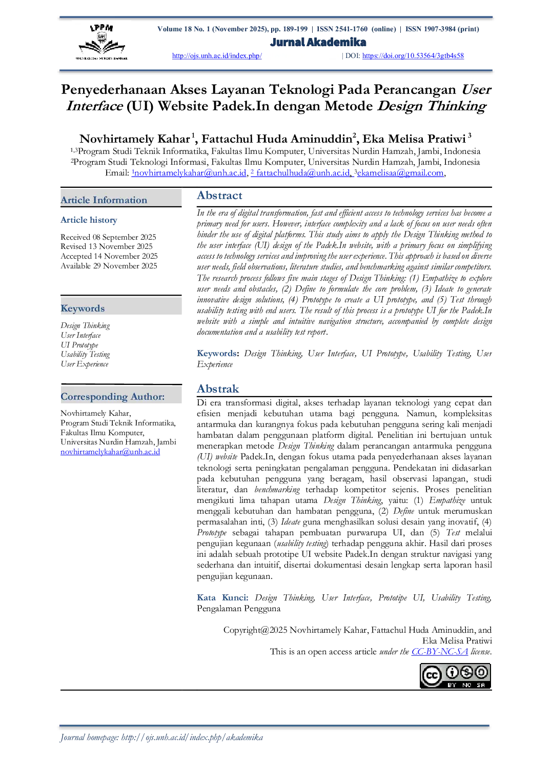 JURIS PENYEDERHANAAN AKSES LAYANAN TEKNOLOGI PADA PERANCANGAN USER INTERFACE UI WEBSITE PADEK IN DENGAN METODE DESIGN THINKING Design Thinking User Interface UI Prototype Usability Testing User Exper