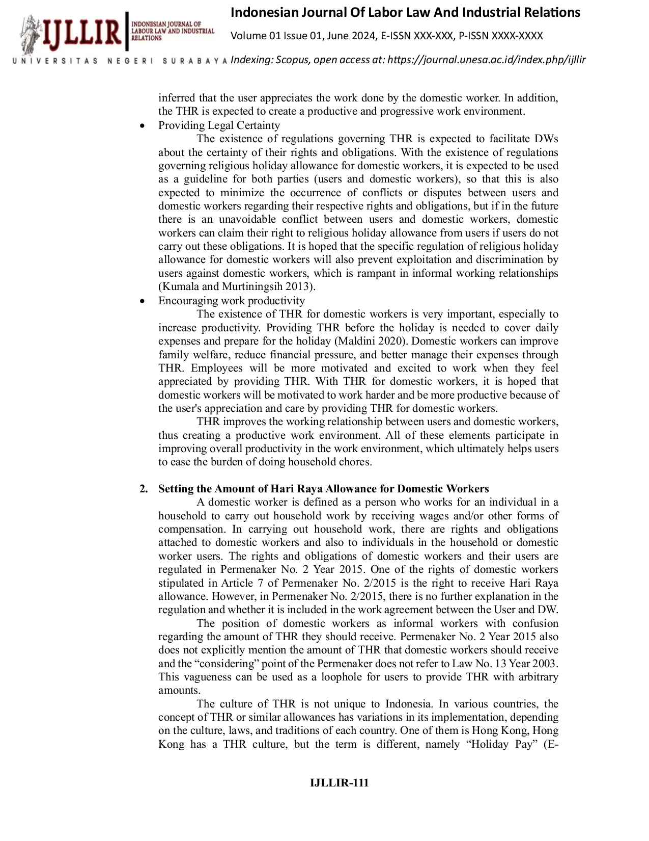 JURIS Holiday Allowance for Domestic Workers