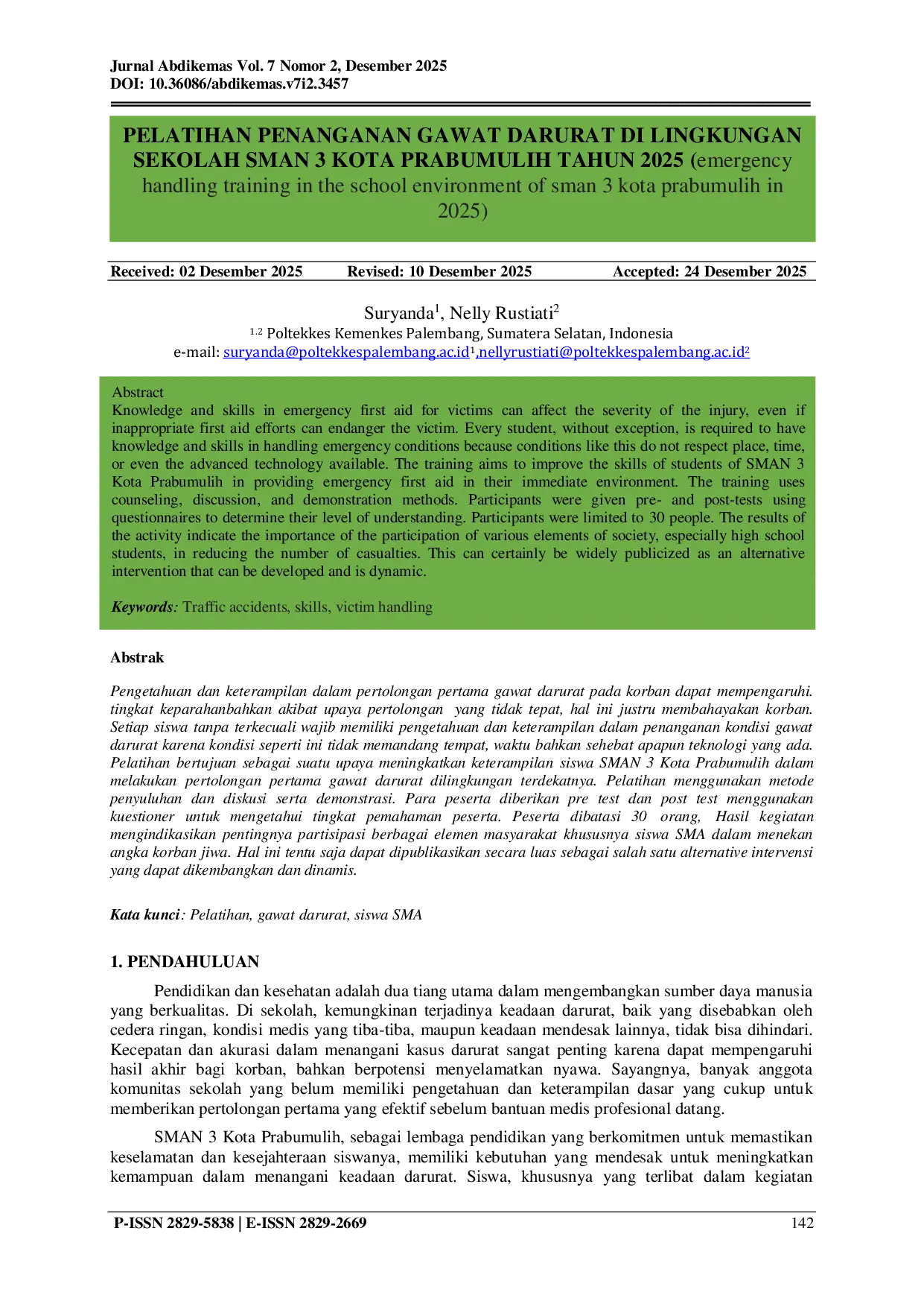 JURIS Pelatihan Penanganan Gawat Darurat Di Lingkungan Sekolah Sman 3 Kota Prabumulih Tahun 2025