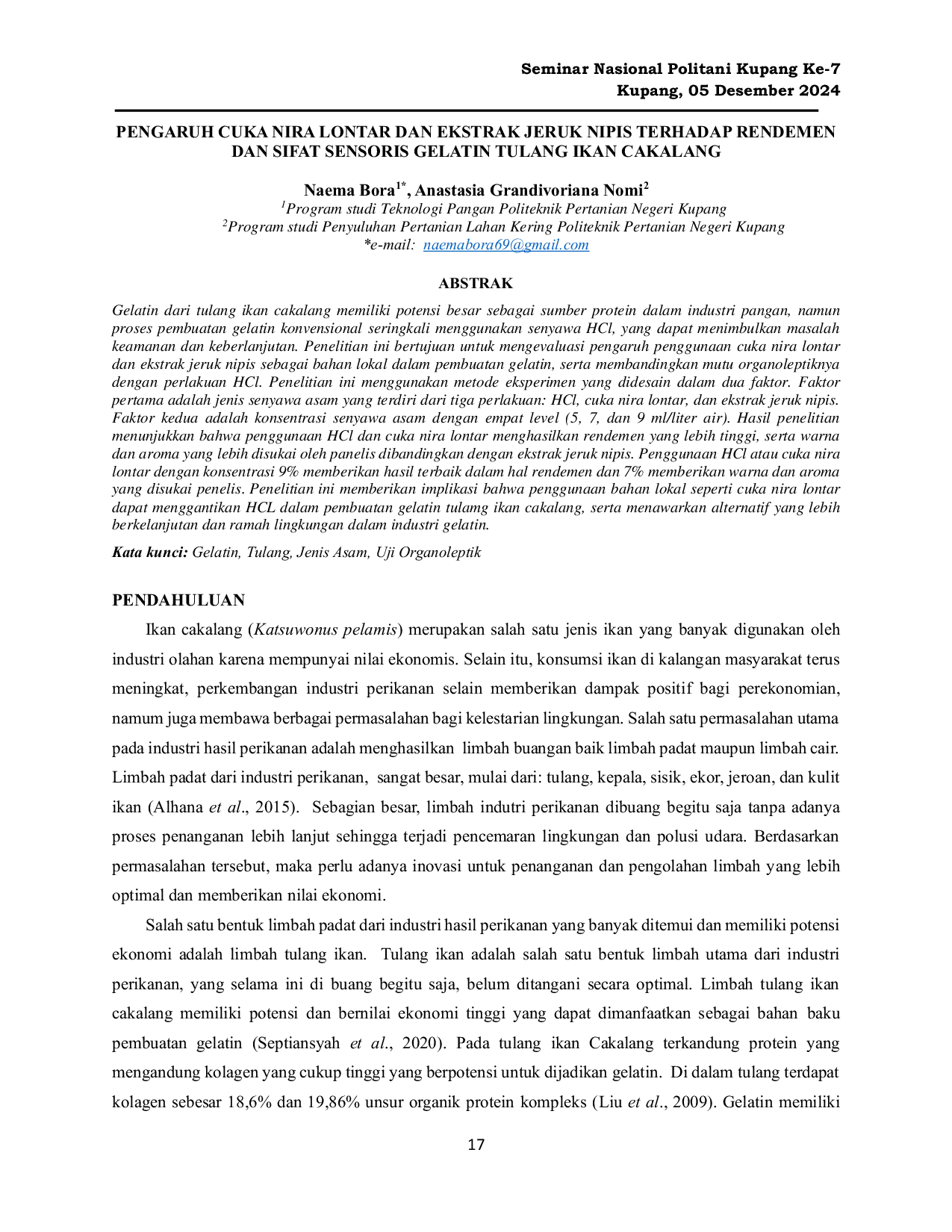 JURIS Pengaruh Cuka Nira Lontar dan Ekstrak Jeruk Nipis Terhadap Rendemen dan Sifat Sensoris Gelatin Tulang Ikan Cakalang