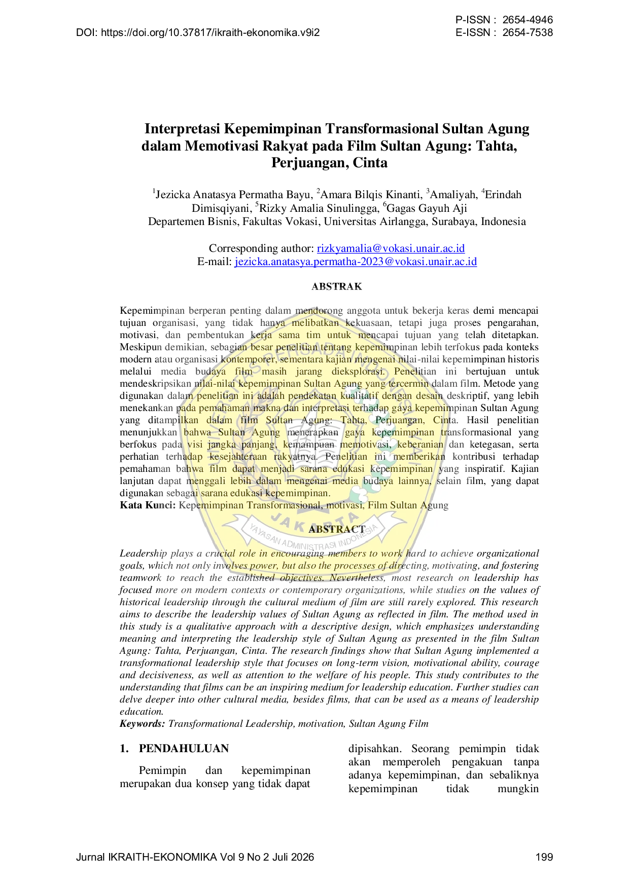 JURIS Interpretasi Kepemimpinan Transformasional Sultan Agung dalam Memotivasi Rakyat pada Film Sultan Agung Tahta Perjuangan Cinta