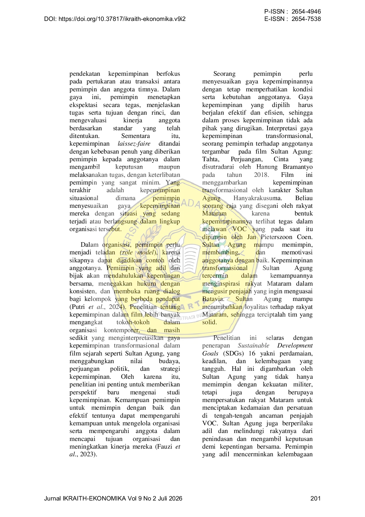 JURIS Interpretasi Kepemimpinan Transformasional Sultan Agung dalam Memotivasi Rakyat pada Film Sultan Agung Tahta Perjuangan Cinta