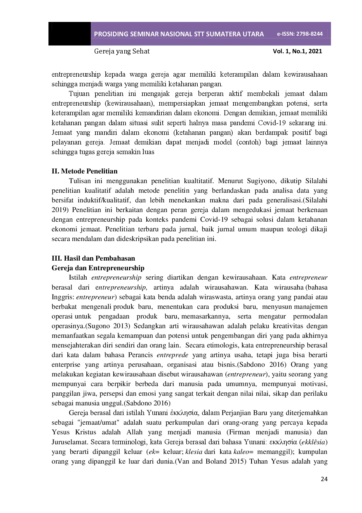 juris Gereja dan Entrepreneurship Peran Gereja dalam Ketahanan Ekonomi Jemaat pada Masa Pandemi Covid 19