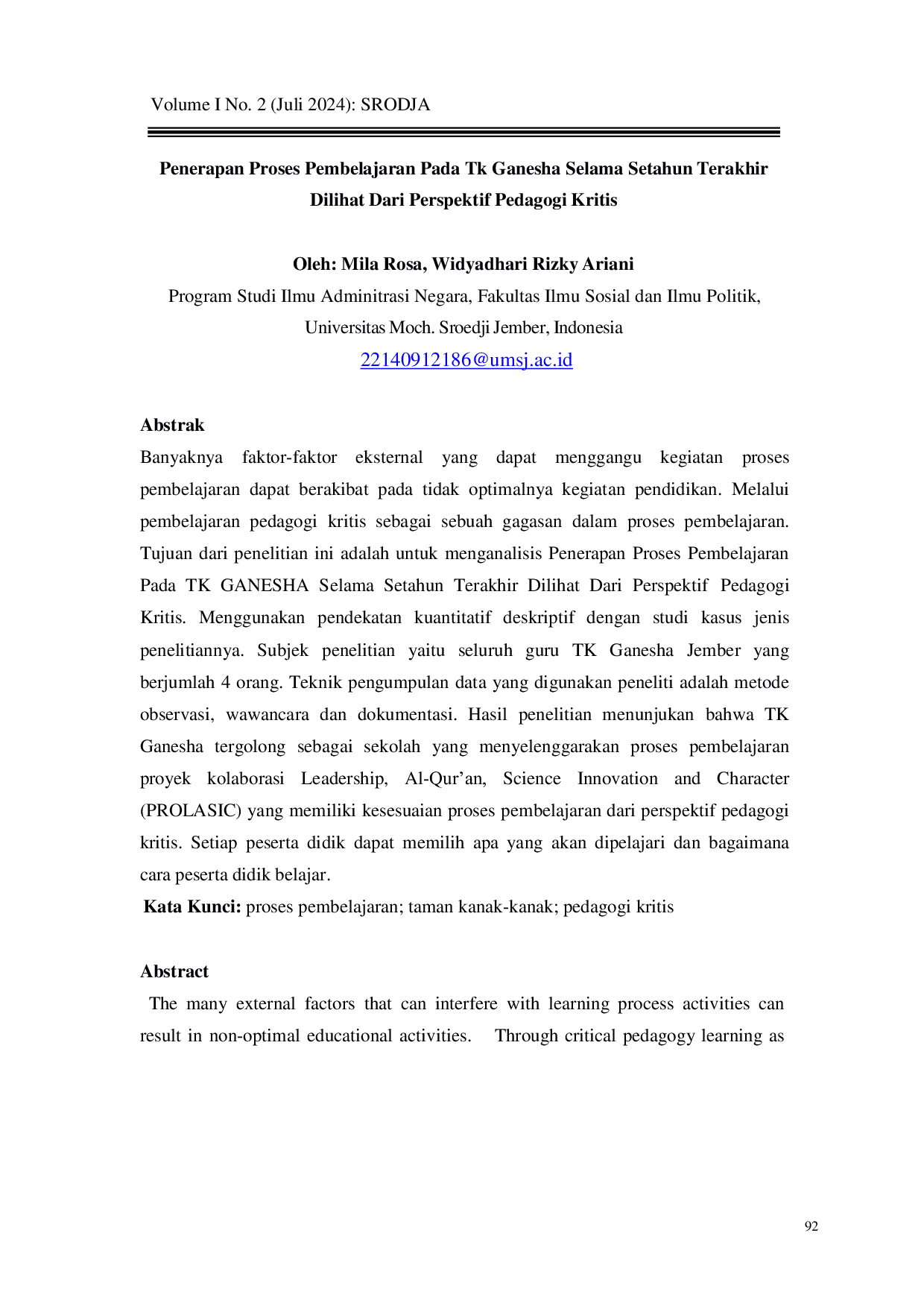 JURIS Penerapan Proses Pembelajaran Pada TK Ganesha Selama Setahun Terakhir Dilihat Dari Perspektif Pedagogi Kritis