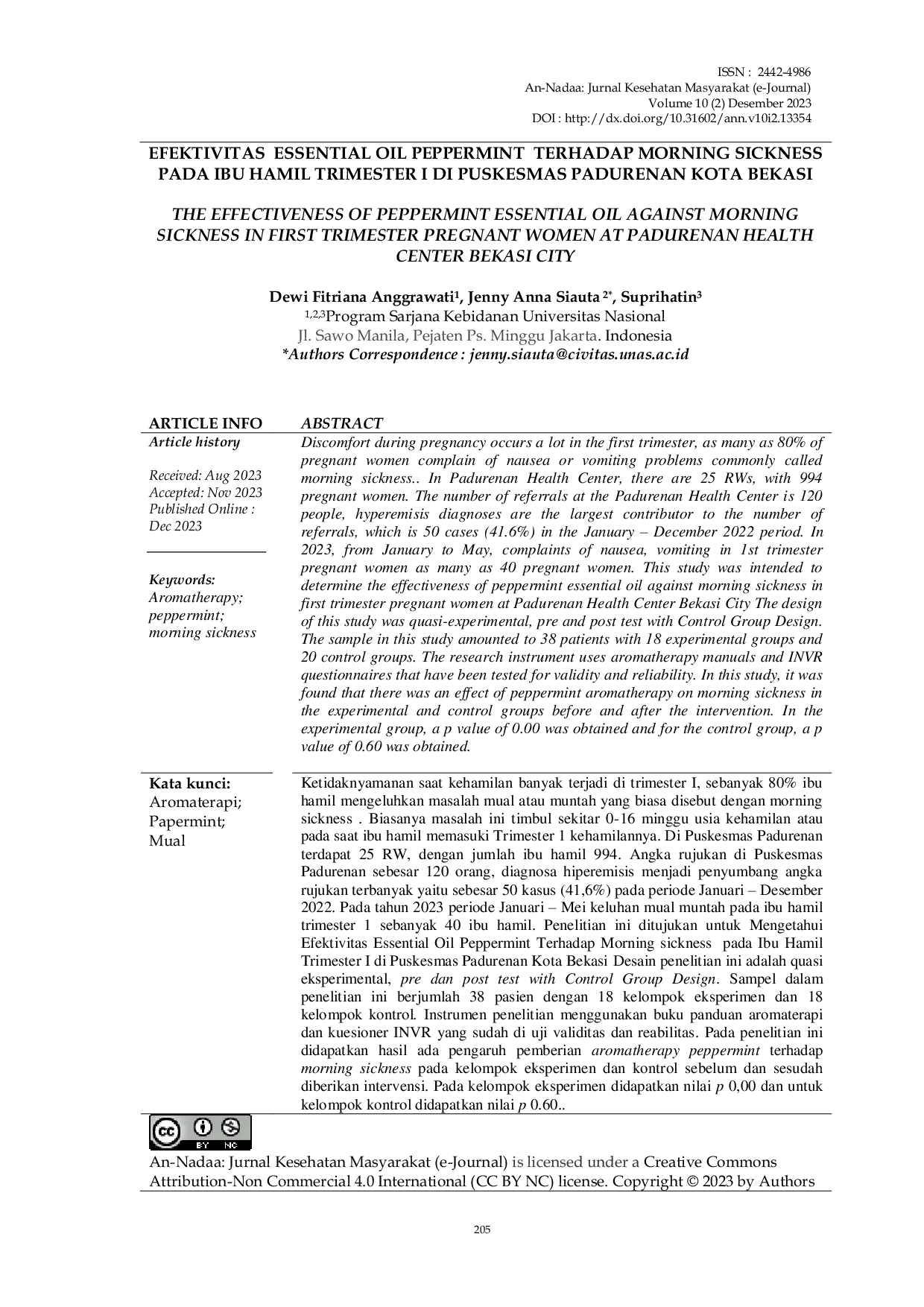 JURIS Efektivitas Essential Oil Peppermint Terhadap Morning Sickness Pada Ibu Hamil Trimester I Di puskesmas Padurenan Kota Bekasi
