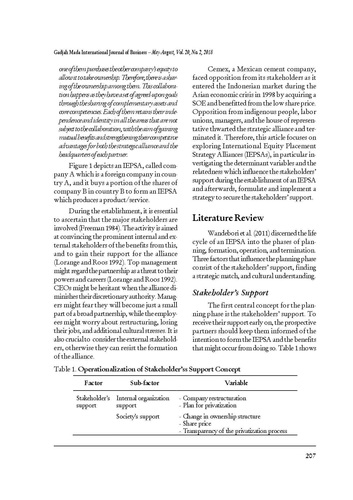 juris Exploring Stakeholders Support in an International Equity Placement Strategic Alliance