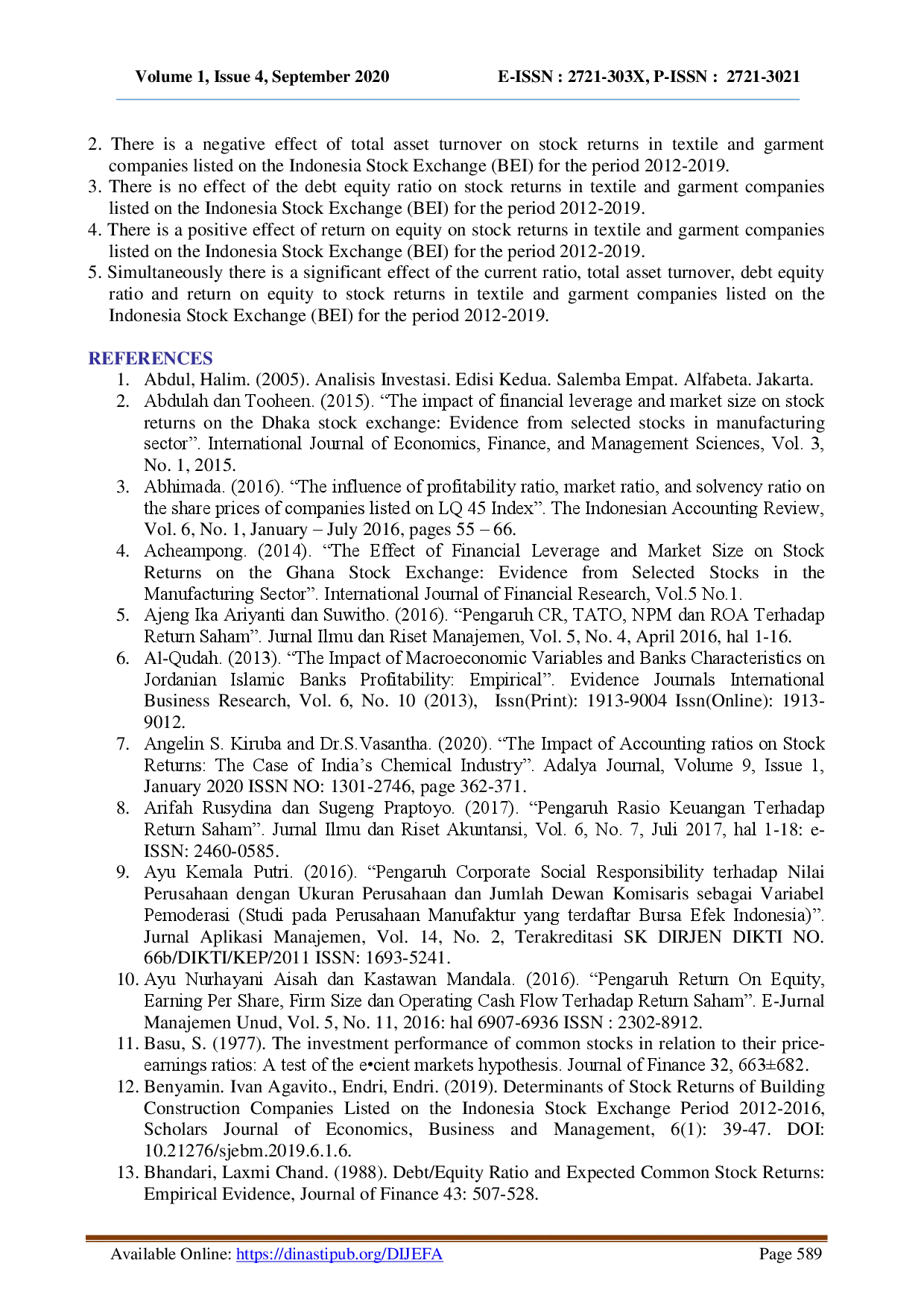 juris DETERMINANTS OF FUNDAMENTAL STOCK RETURN FACTORS AT TEXTILE AND GARMENT COMPANY ANALYSIS DATA PANEL FOR PERIOD 2012 2019