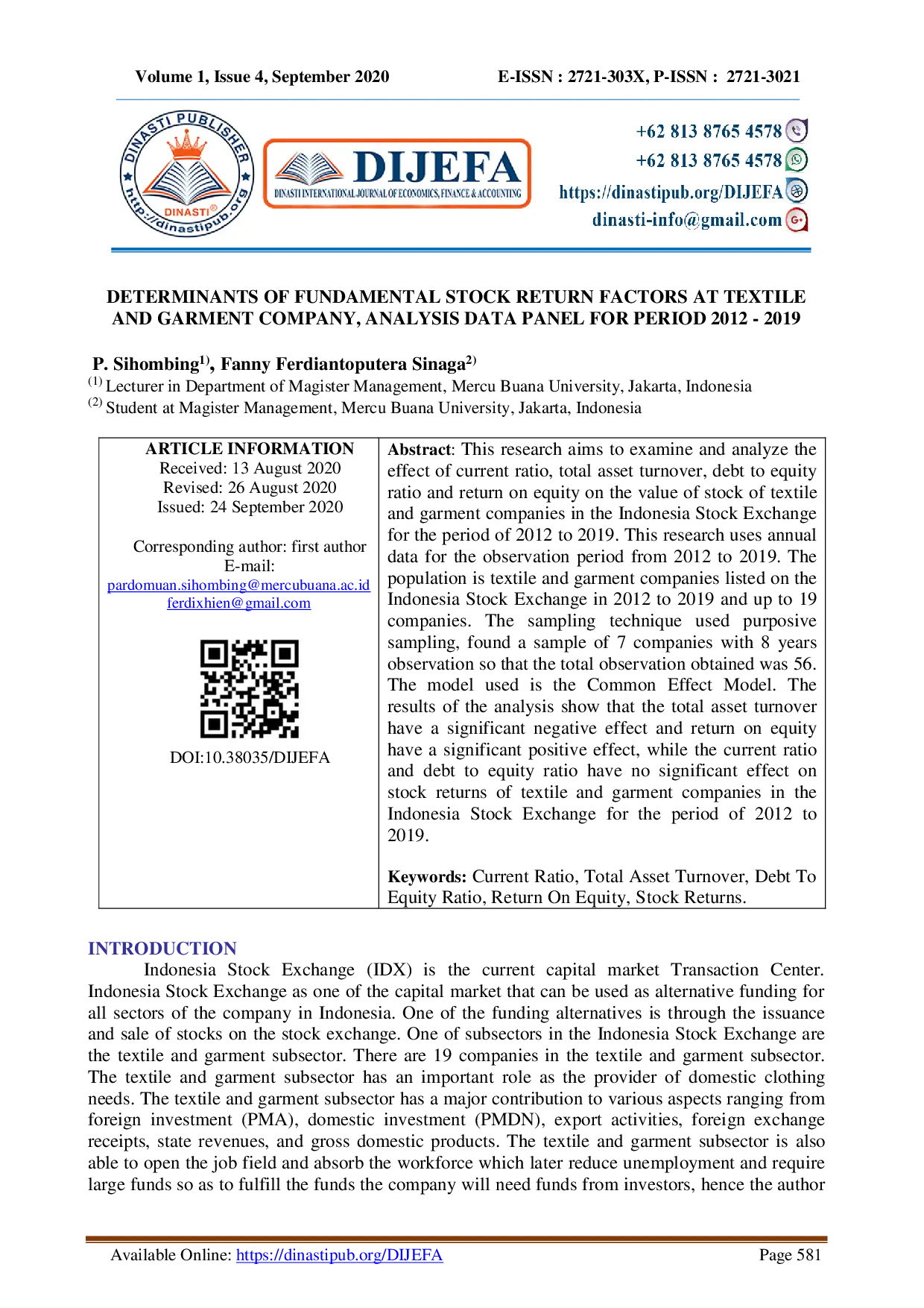 juris DETERMINANTS OF FUNDAMENTAL STOCK RETURN FACTORS AT TEXTILE AND GARMENT COMPANY ANALYSIS DATA PANEL FOR PERIOD 2012 2019