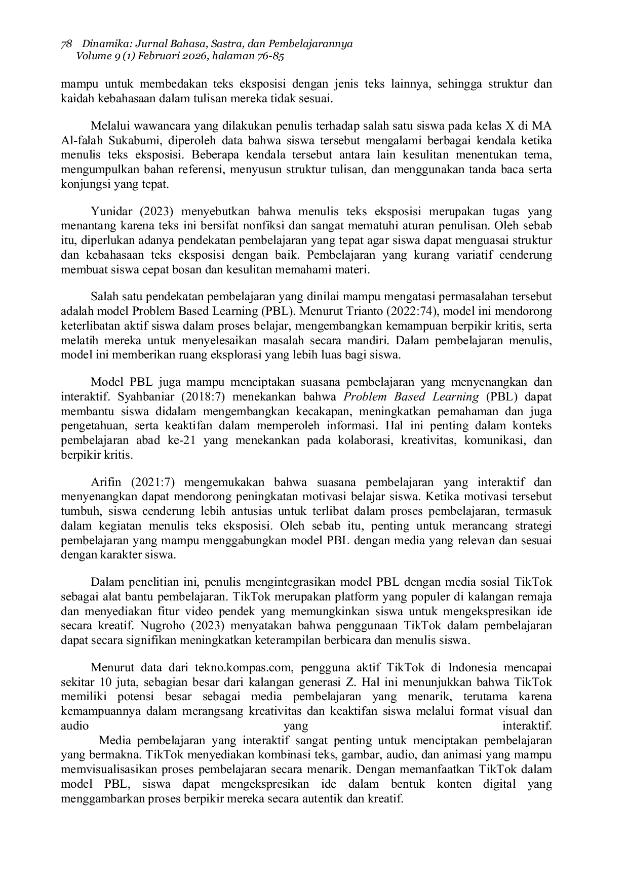 JURIS Penggunaan Model Problem Based Learning Berbantuan Media TikTok dalam Meningkatkan Keterampilan Menulis Teks Eksposisi