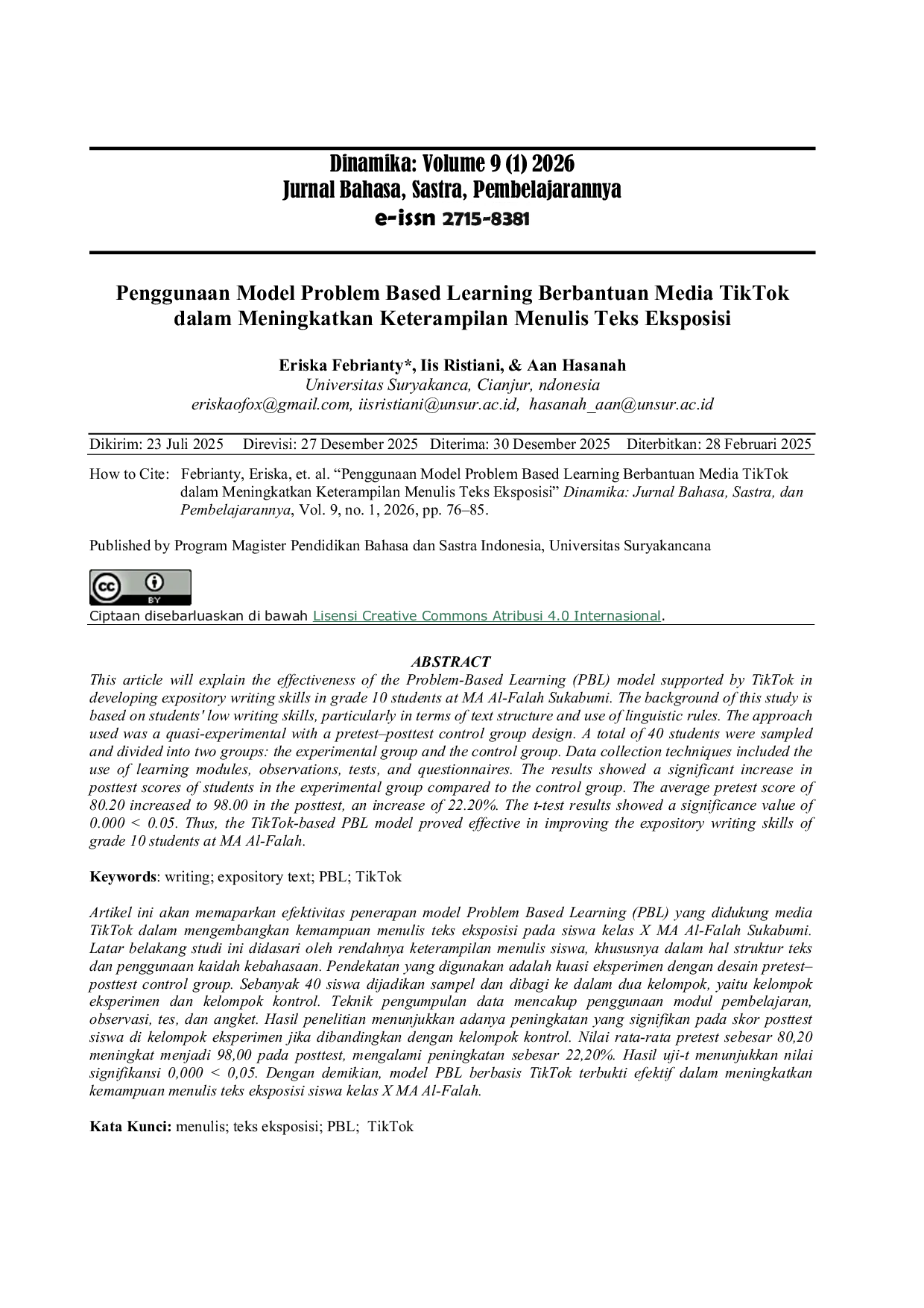 JURIS Penggunaan Model Problem Based Learning Berbantuan Media TikTok dalam Meningkatkan Keterampilan Menulis Teks Eksposisi
