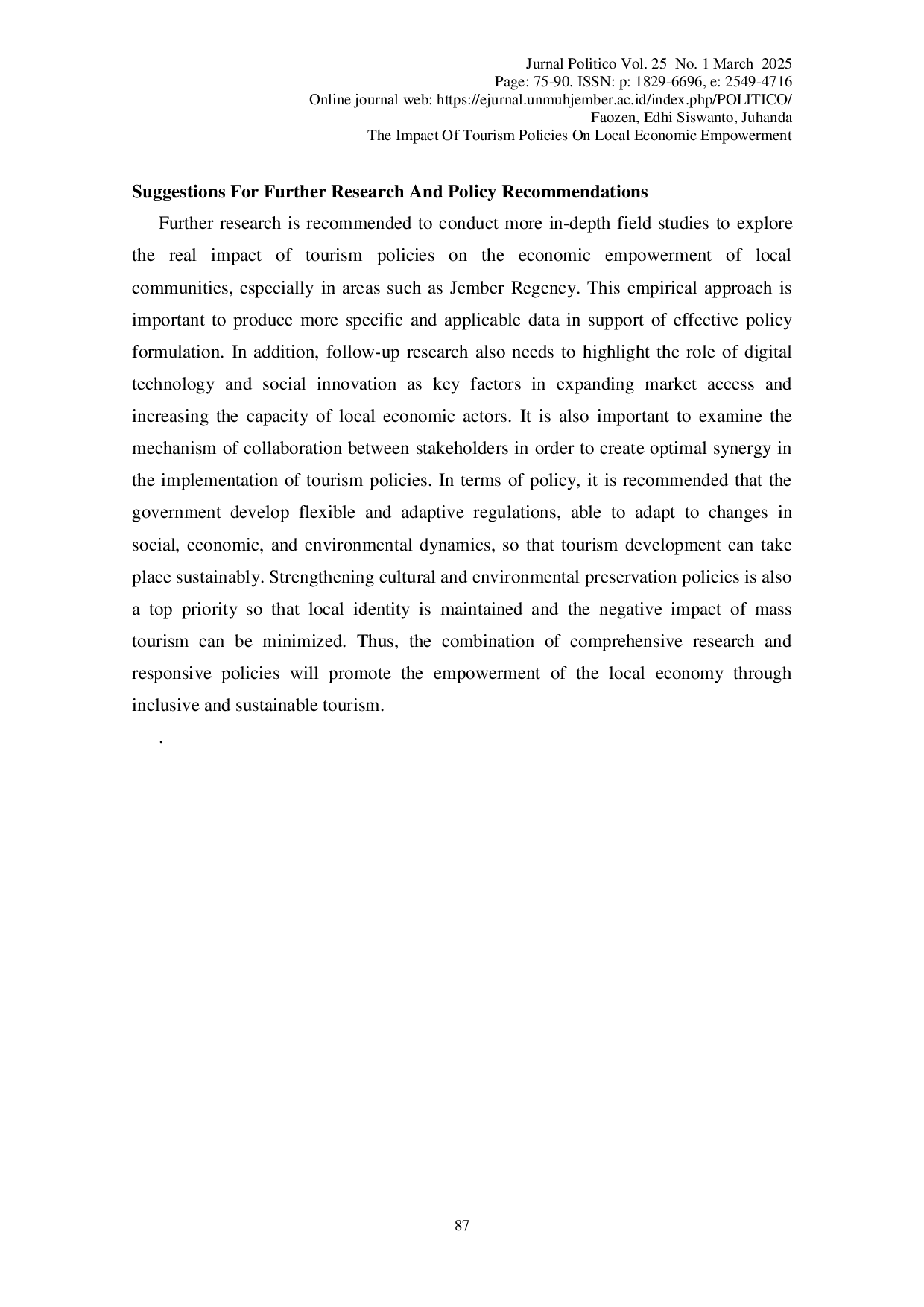 JURIS The Impact of Tourism Policies on Local Economic Empowerment