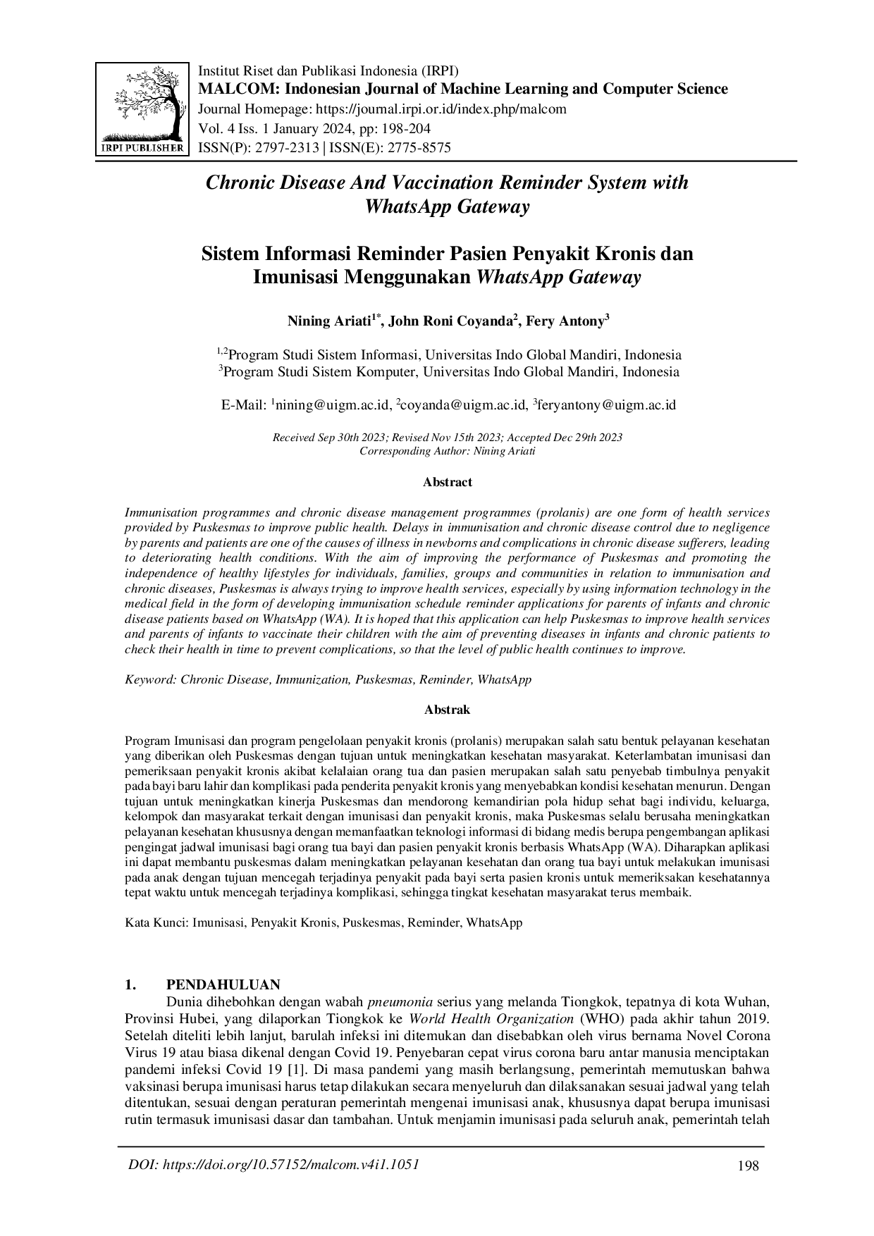 juris Sistem Informasi Reminder Pasien Penyakit Kronis dan Imunisasi Menggunakan WhatsApp Gateway