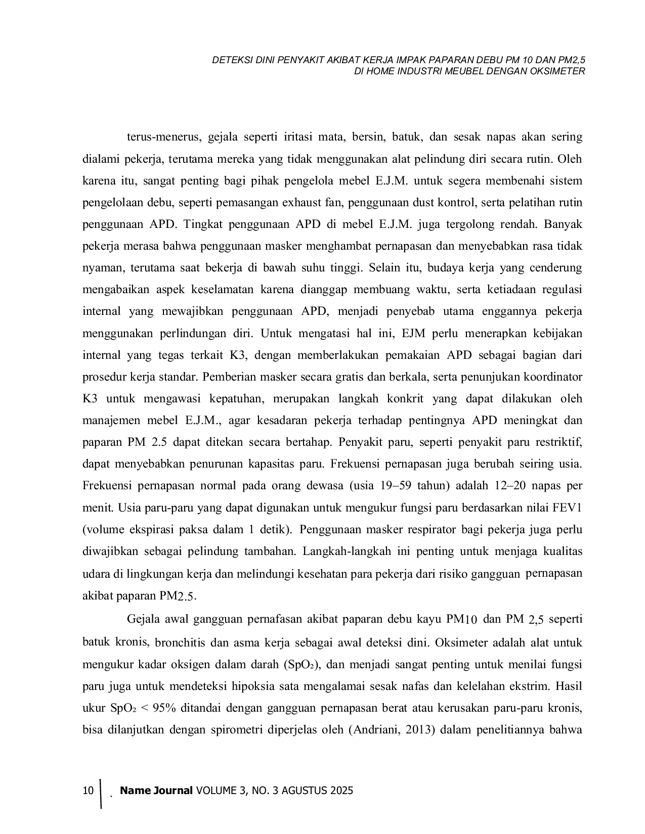 JURIS Deteksi Dini Penyakit Akibat Kerja Impak Paparan Debu PM 10 Dan PM2 5 Di Home Industri Meubel Dengan Oksimeter