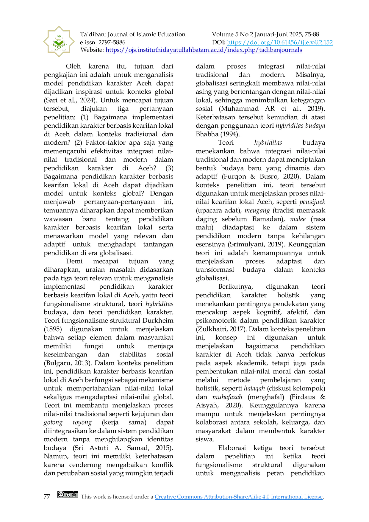 JURIS Potret Penerapan Pendidikan Karakter di Aceh Studi Penguatan Nilai Kearifan Lokal di Era Globalisasi