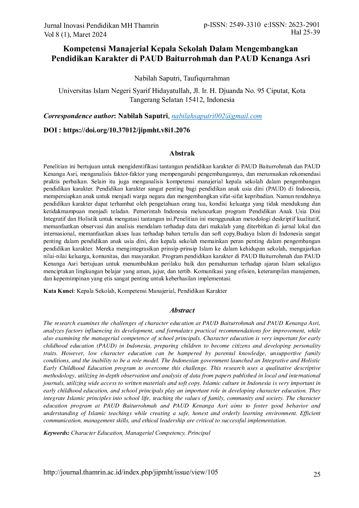 JURIS Kompetensi Manajerial Kepala Sekolah Dalam Mengembangkan Pendidikan Karakter di PAUD Baiturrohmah dan PAUD Kenanga Asri