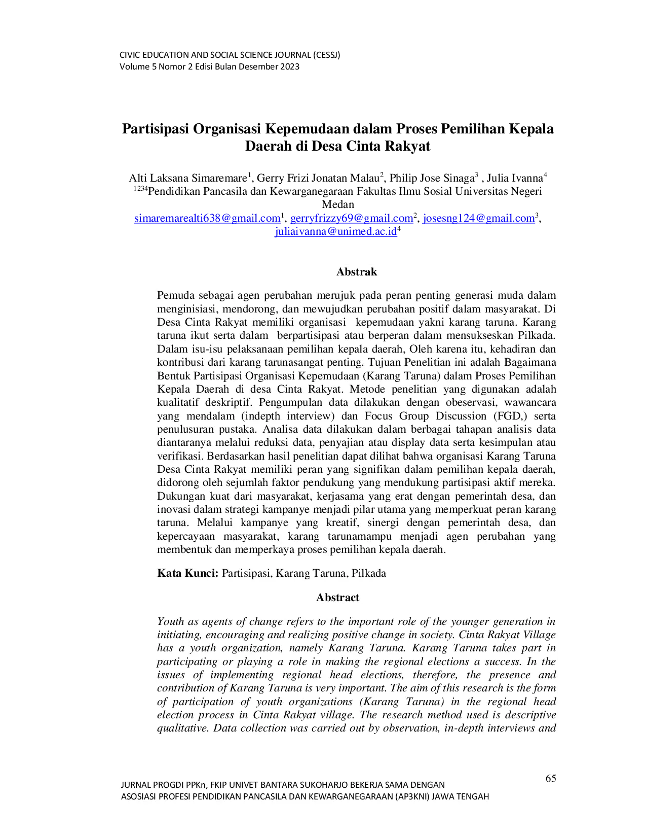 JURIS Partisipasi Organisasi Karang Taruna dalam Proses Pemilihan Kepala Daerah di Desa Cinta Rakyat