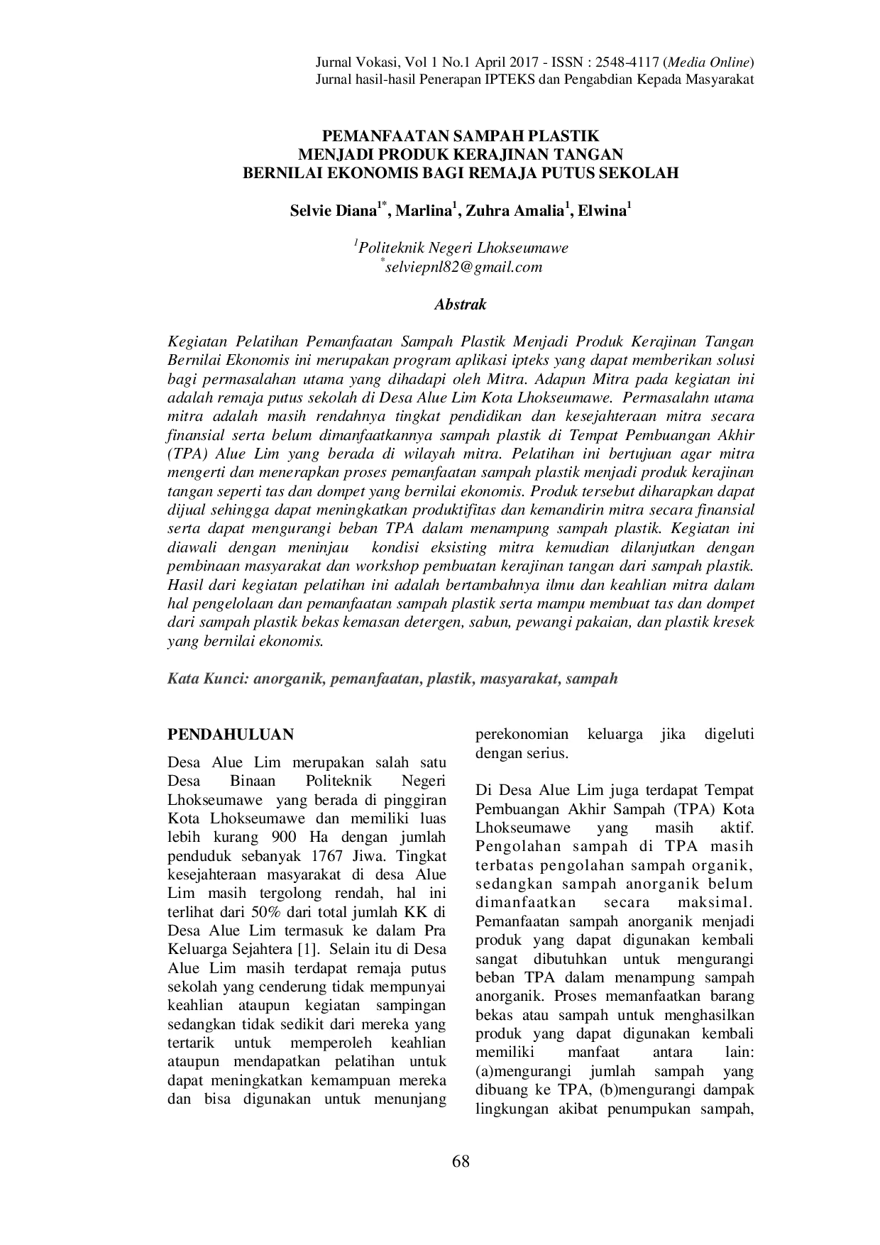 JURIS Pemanfaatan Sampah Plastik Menjadi Produk Kerajinan Tangan Bernilai Ekonomis Bagi Remaja Putus Sekolah