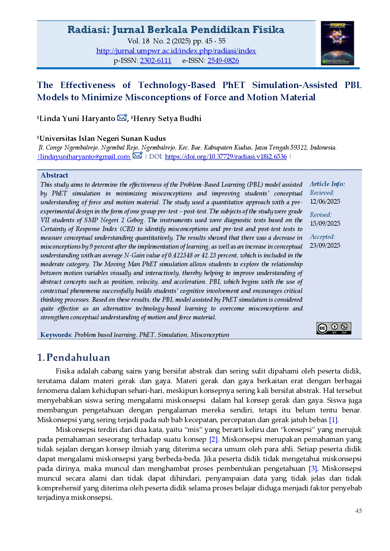 juris The Effectiveness of Technology Based PhET Simulation Assisted PBL Models to Minimize Misconceptions of Force and Motion Material
