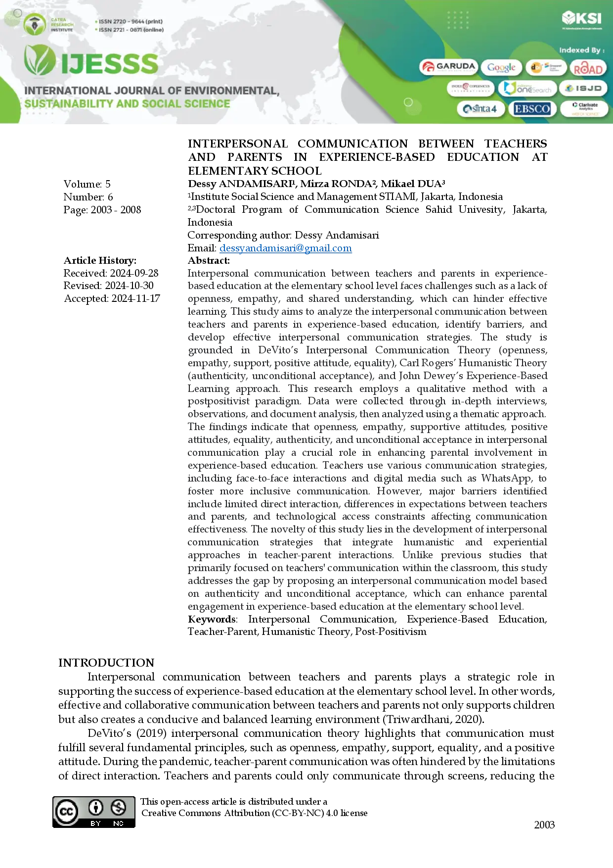 juris Interpersonal Communication Between Teachers and Parents in Experience Based Education at Elementary School