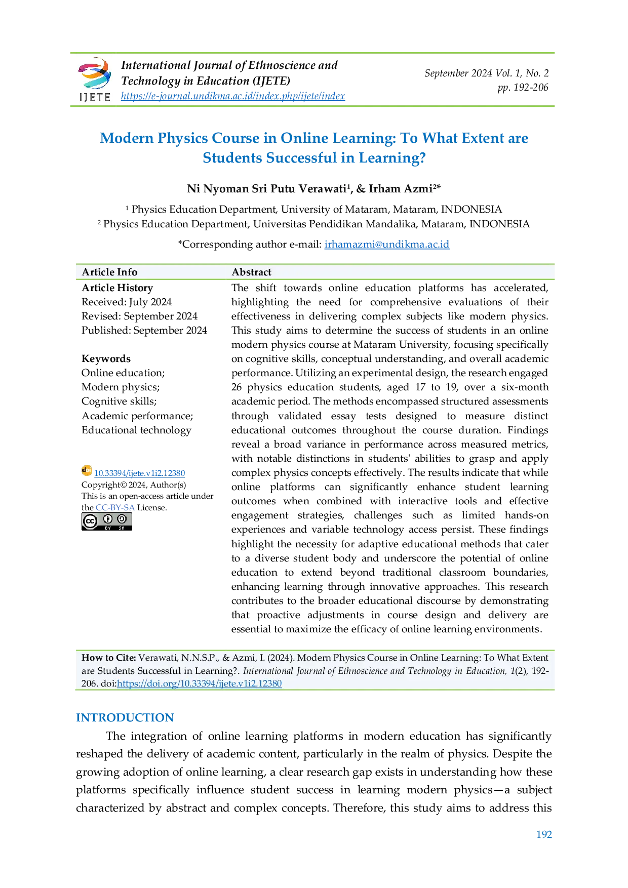JURIS Modern Physics Course in Online Learning To What Extent are Students Successful in Learning