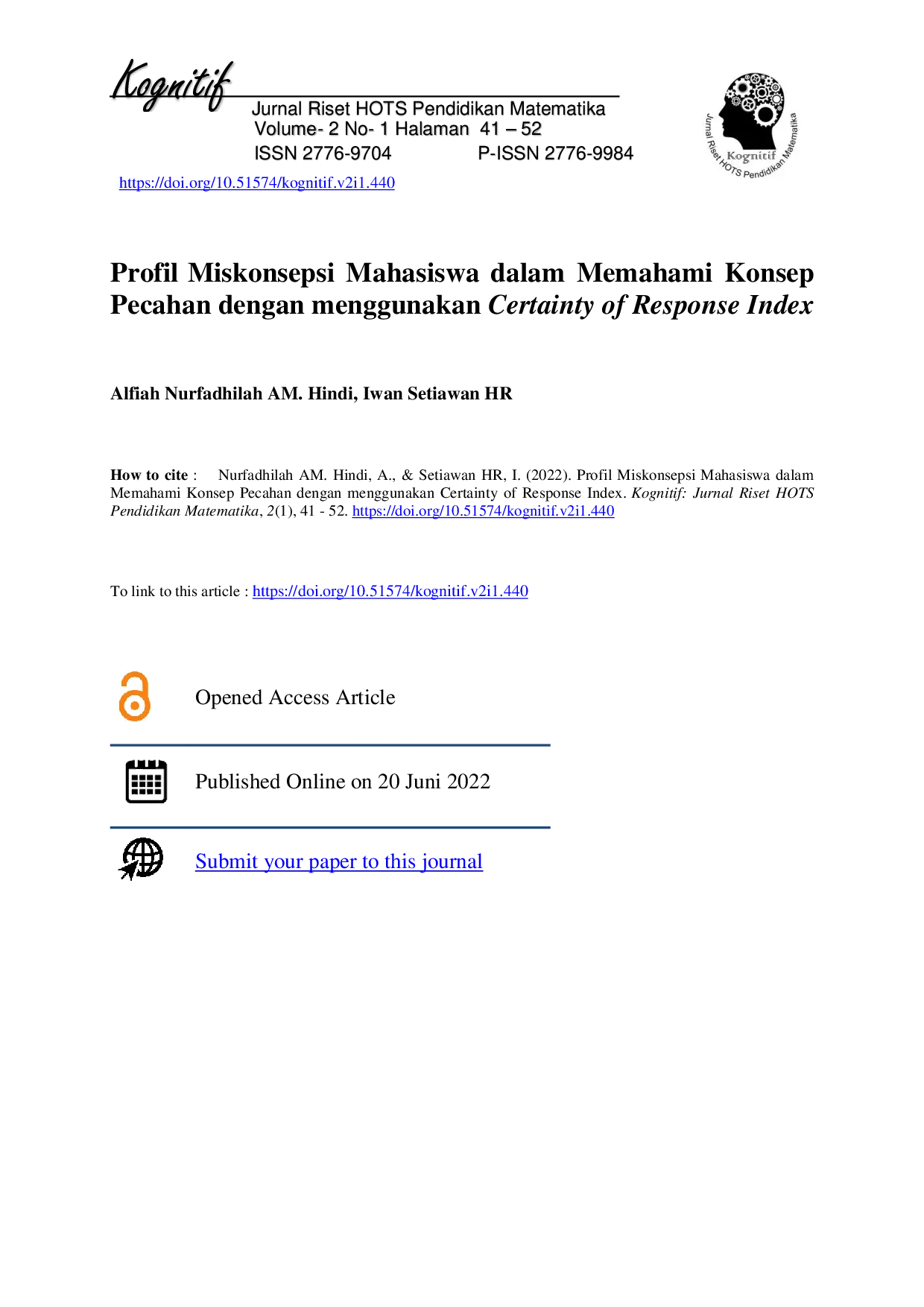 juris Profil Miskonsepsi Mahasiswa dalam Memahami Konsep Pecahan dengan menggunakan Certainty of Response Index