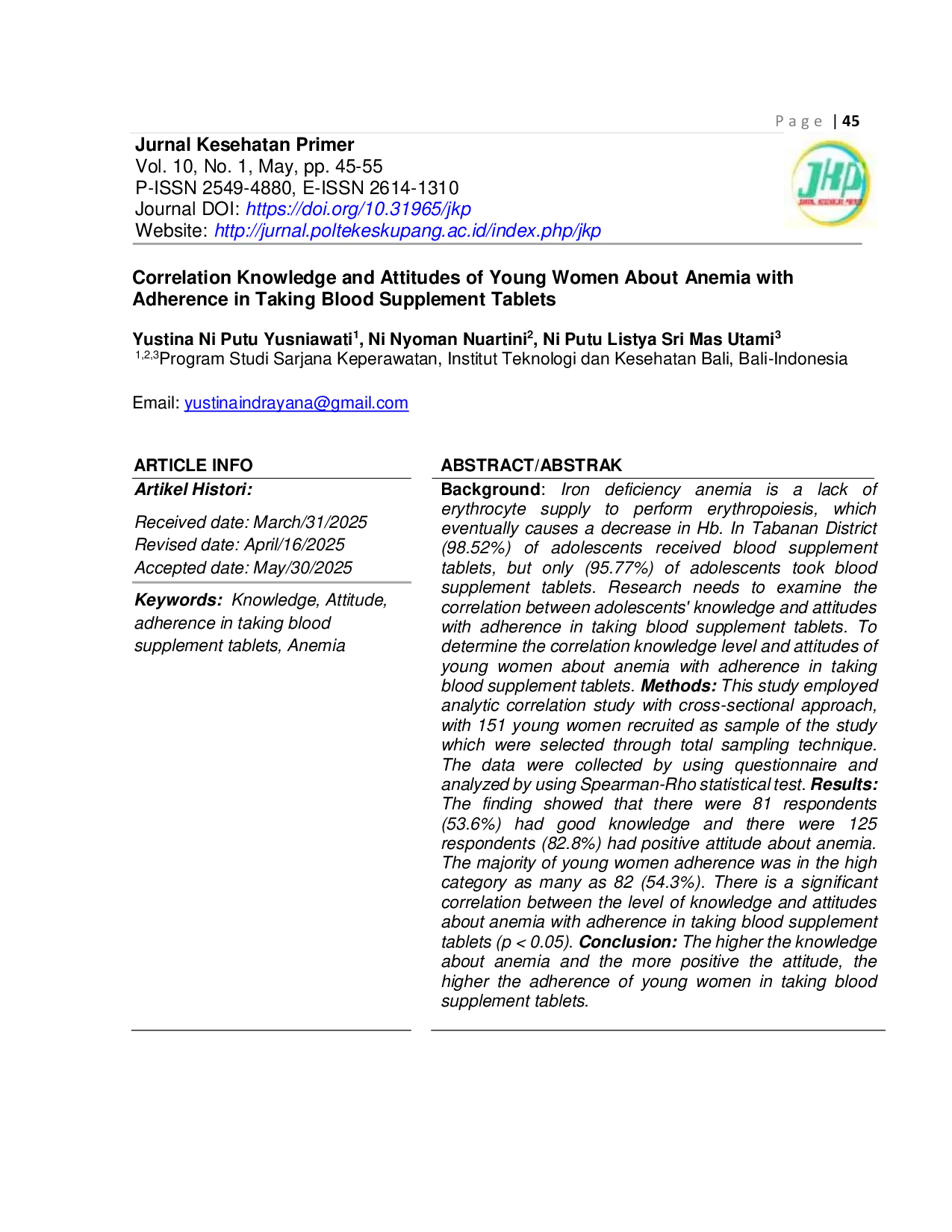 JURIS Correlation Between Knowledge And Attitudes Of Young Women About Anemia With Adherence In Taking Blood Supplement Tablets