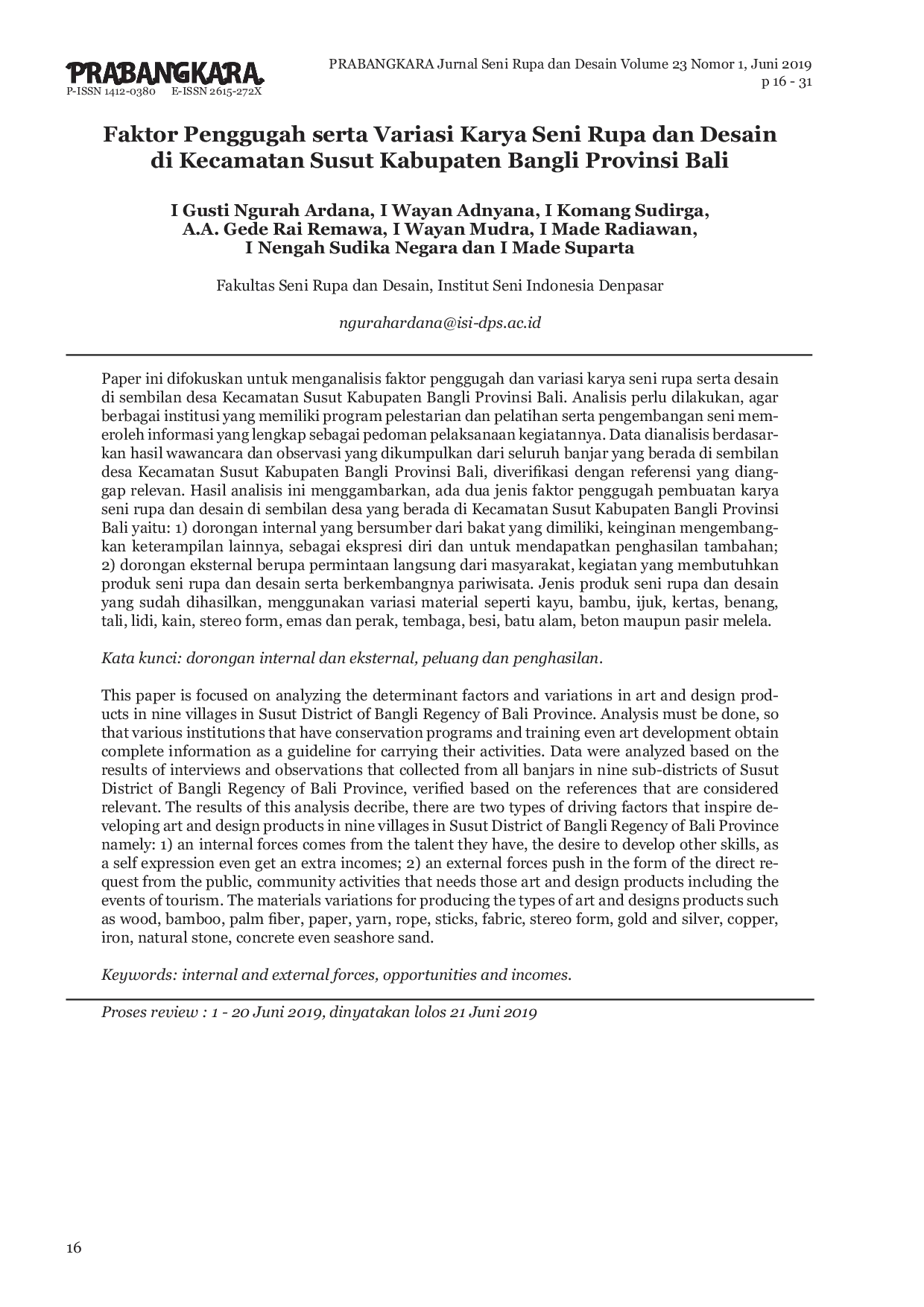 JURIS Faktor Penggugah serta Variasi Karya Seni Rupa dan Desain di Kecamatan Susut Kabupaten Bangli Provinsi Bali