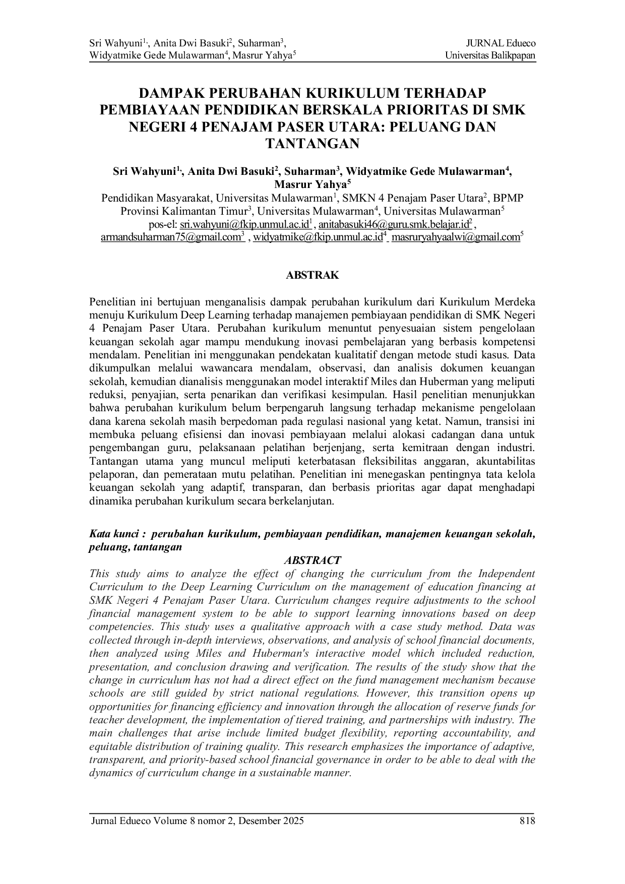 JURIS Dampak Perubahan Kurikulum Terhadap Pembiayaan Pendidikan Berskala Prioritas di SMK Negeri 4 Penajam Paser Utara Peluang dan Tantangan