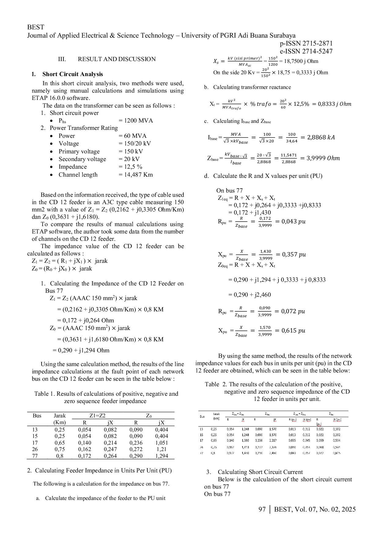 JURIS Short Circuit Current Analysis and Recloser Coordination in 20 kV Distribution Network Using Manual Calculation and ETAP Software Simulation