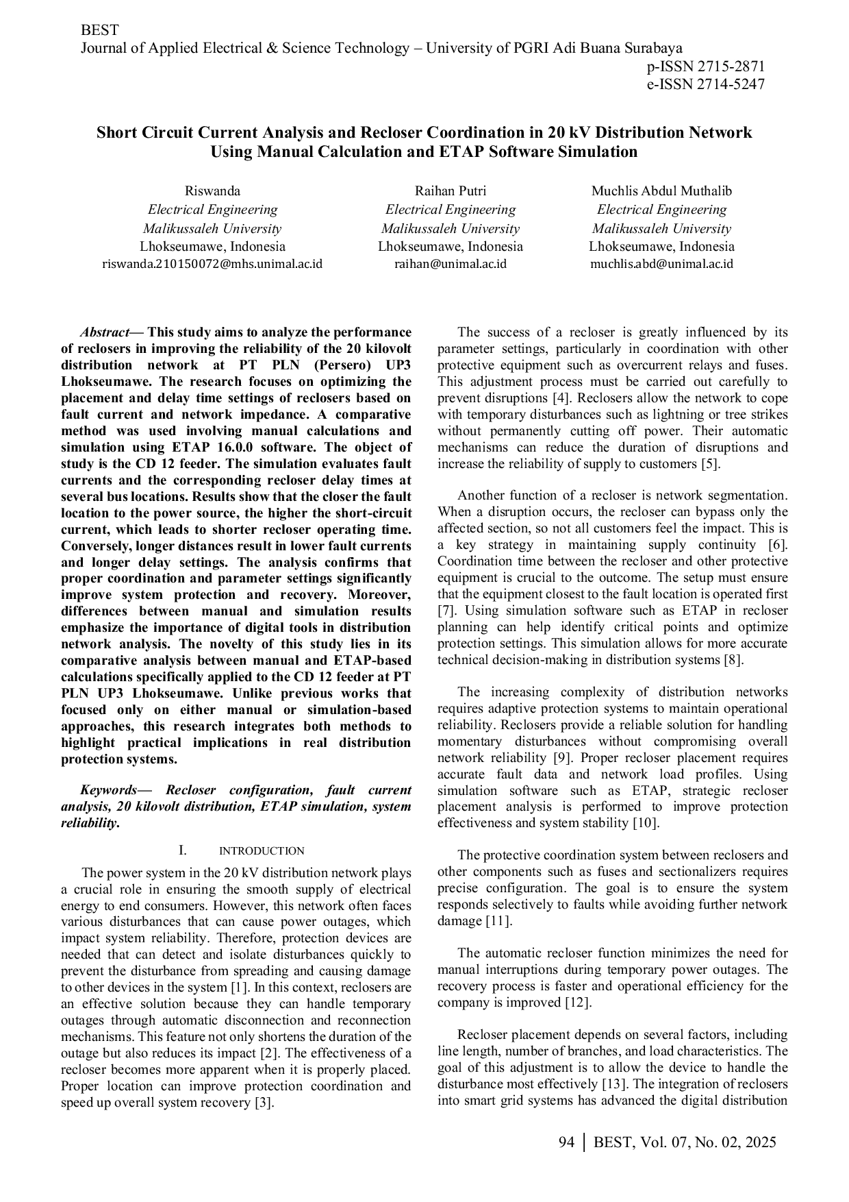 JURIS Short Circuit Current Analysis and Recloser Coordination in 20 kV Distribution Network Using Manual Calculation and ETAP Software Simulation