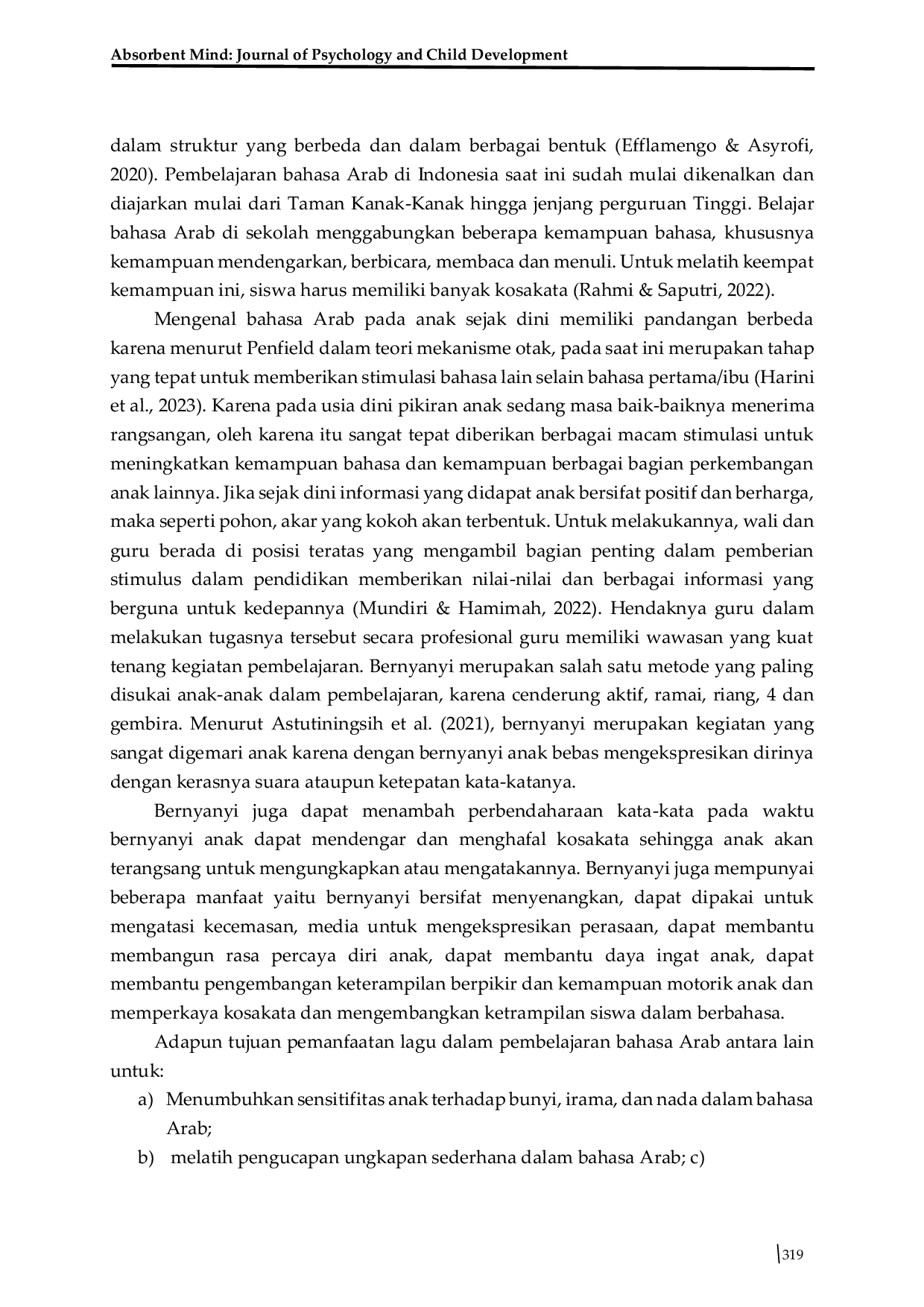 JURIS Meningkatkan Kosakata Bahasa Arab Anak Usia 5 6 Tahun Melalui Metode Bernyanyi